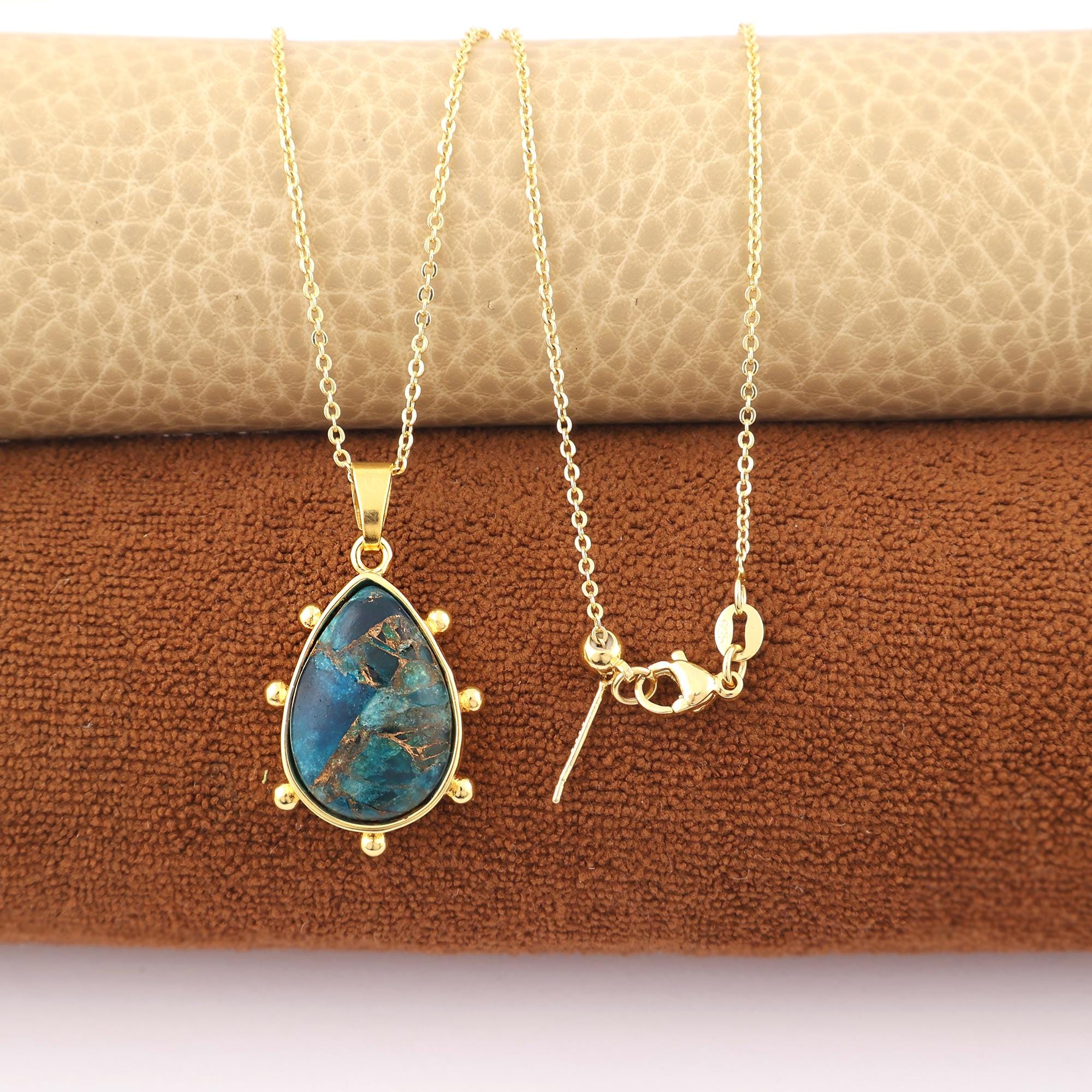 Gemstone Teardrop Necklace: Blue Apatite or Green Copper Turquoise Pear Pendant