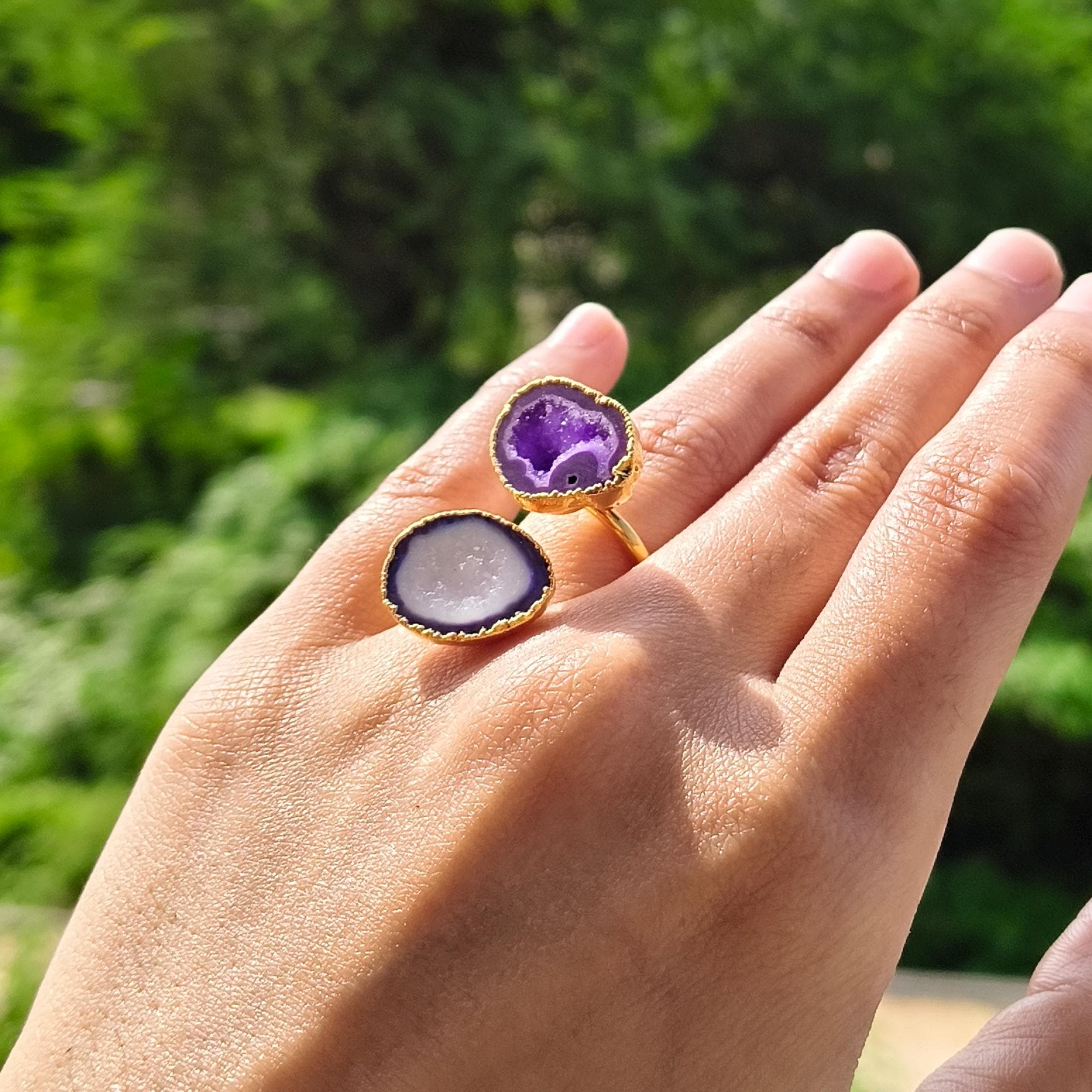 Purple & White Agate Geode Ring: 18k Gold Plated Adjustable Druzy Ring