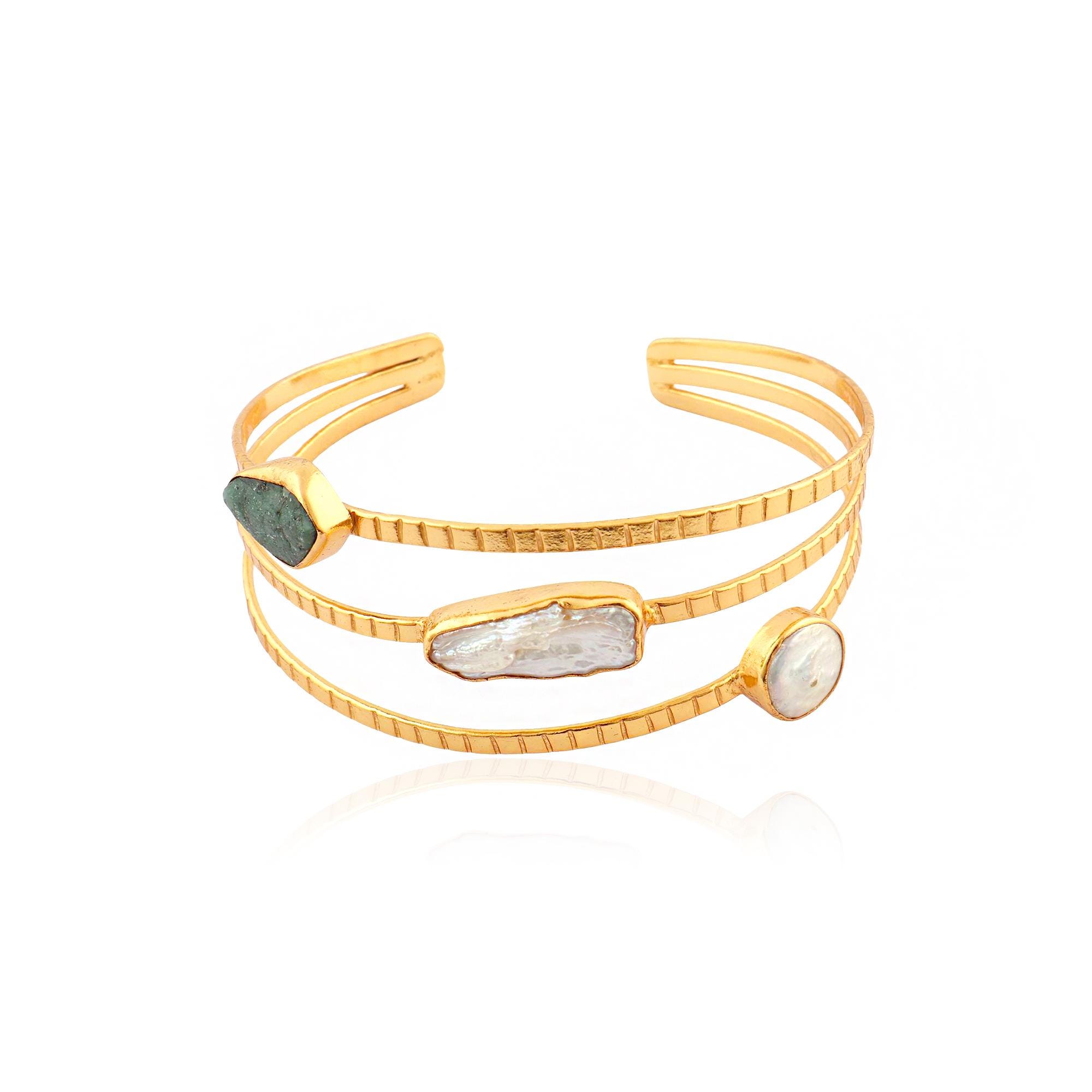 Pearl and Emerald Gold Plated Cuff Bracelet - Statement Jewelry - Brass Adjustable Bangle - Bohemian Bracelet