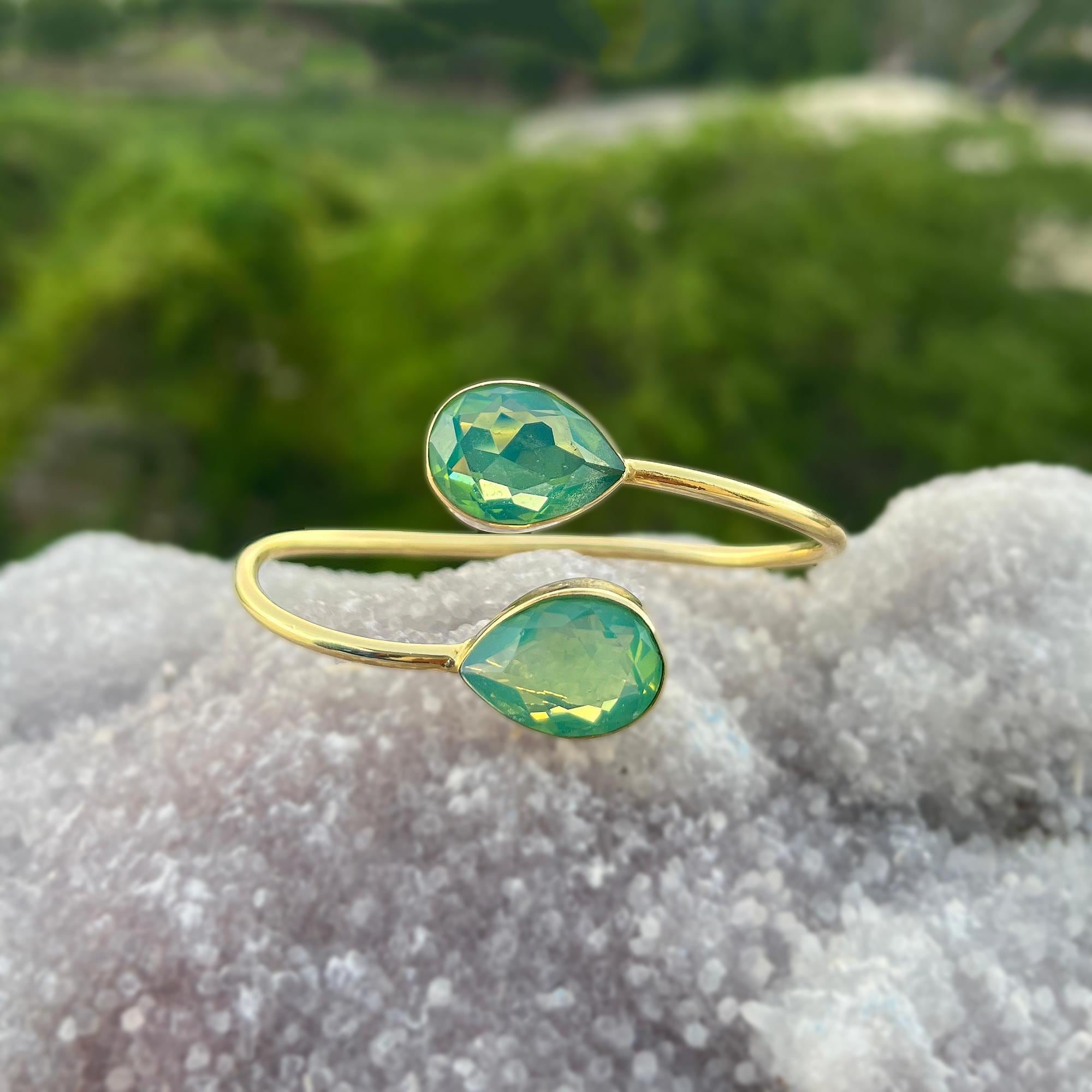 Green Opalite Gold Plated Cuff Bracelet: Brass Adjustable Open Bangle