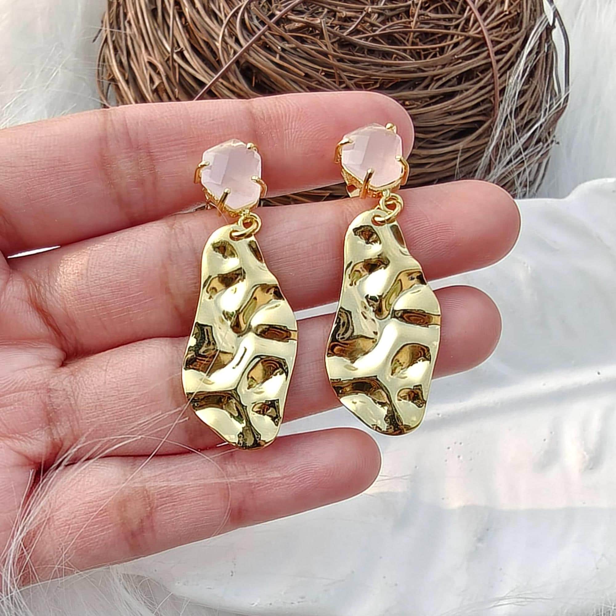Pink Chalcedony Drop Earrings: Gold Plated Unique Hammered Dangle Design