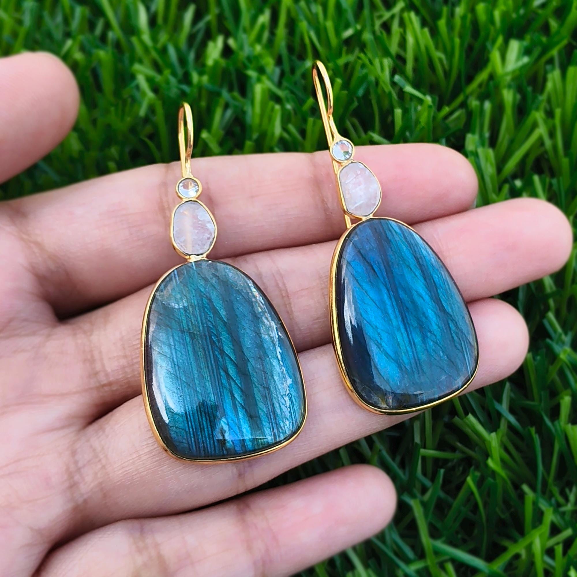 Labradorite Moonstone Drop Earrings: 18k Gold Plated Bezel Setting Gemstone