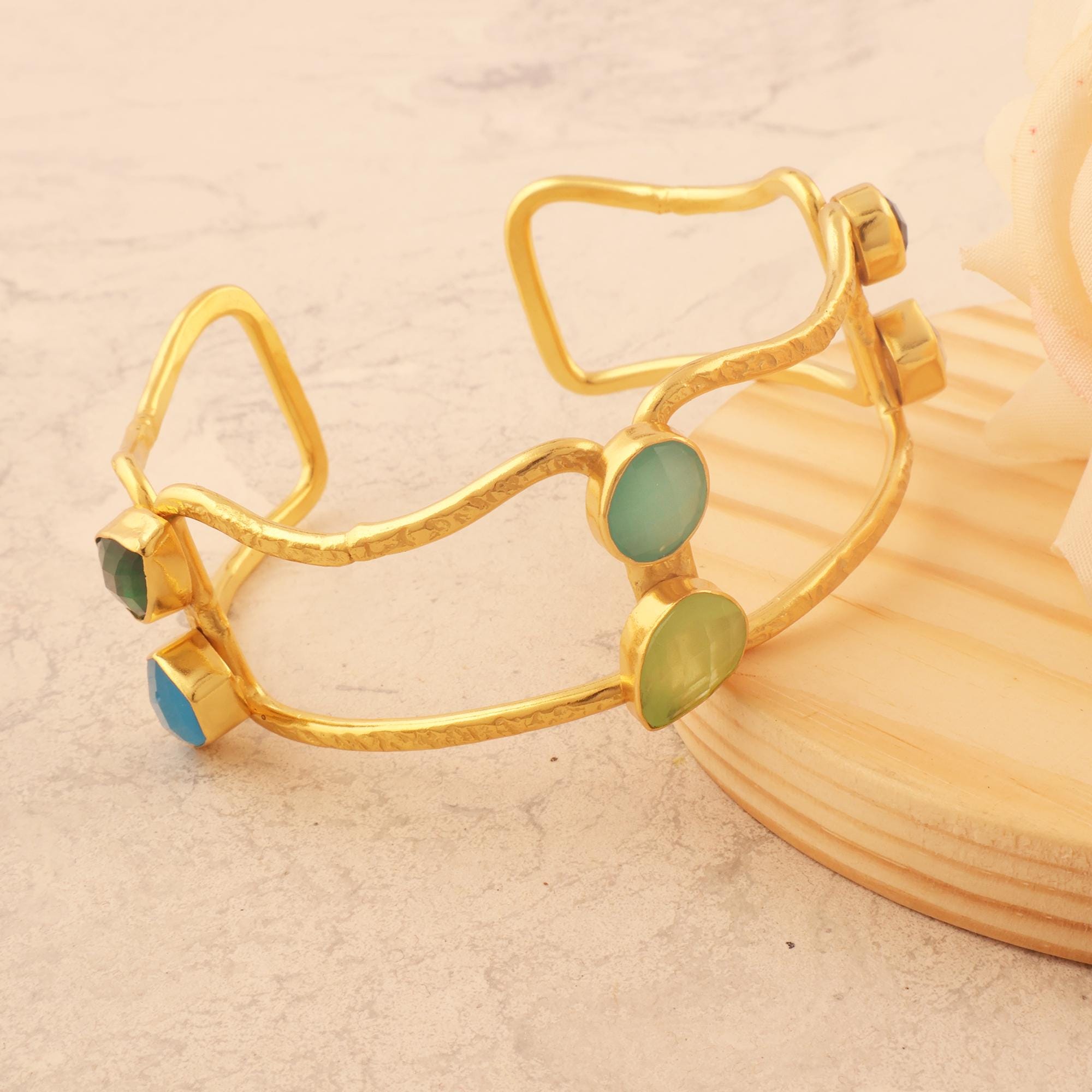 Multi Gemstone Cuff Bracelet: Gold-Plated Boho Bangle Unique Design Jewelry Gift Option