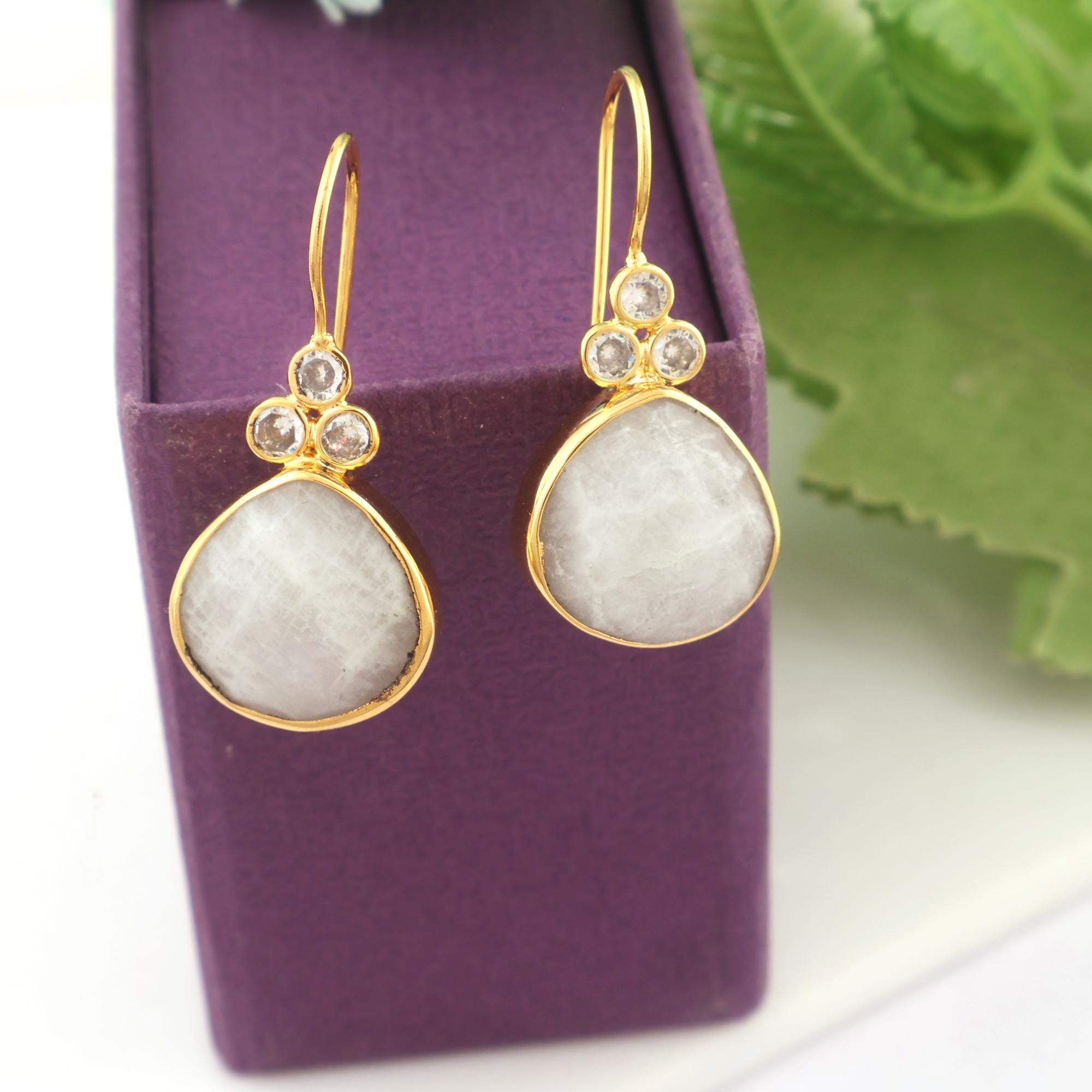 Rainbow Moonstone Heart Drop Earrings: Gold Plated Boho Jewelry
