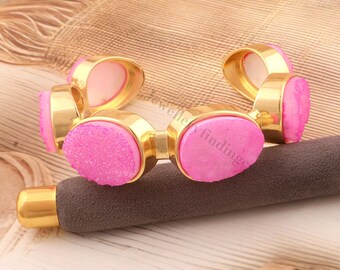 Pink Sugar Druzy Cuff Bracelet - 18k Gold Plated Brass Bangle, Vintage Style