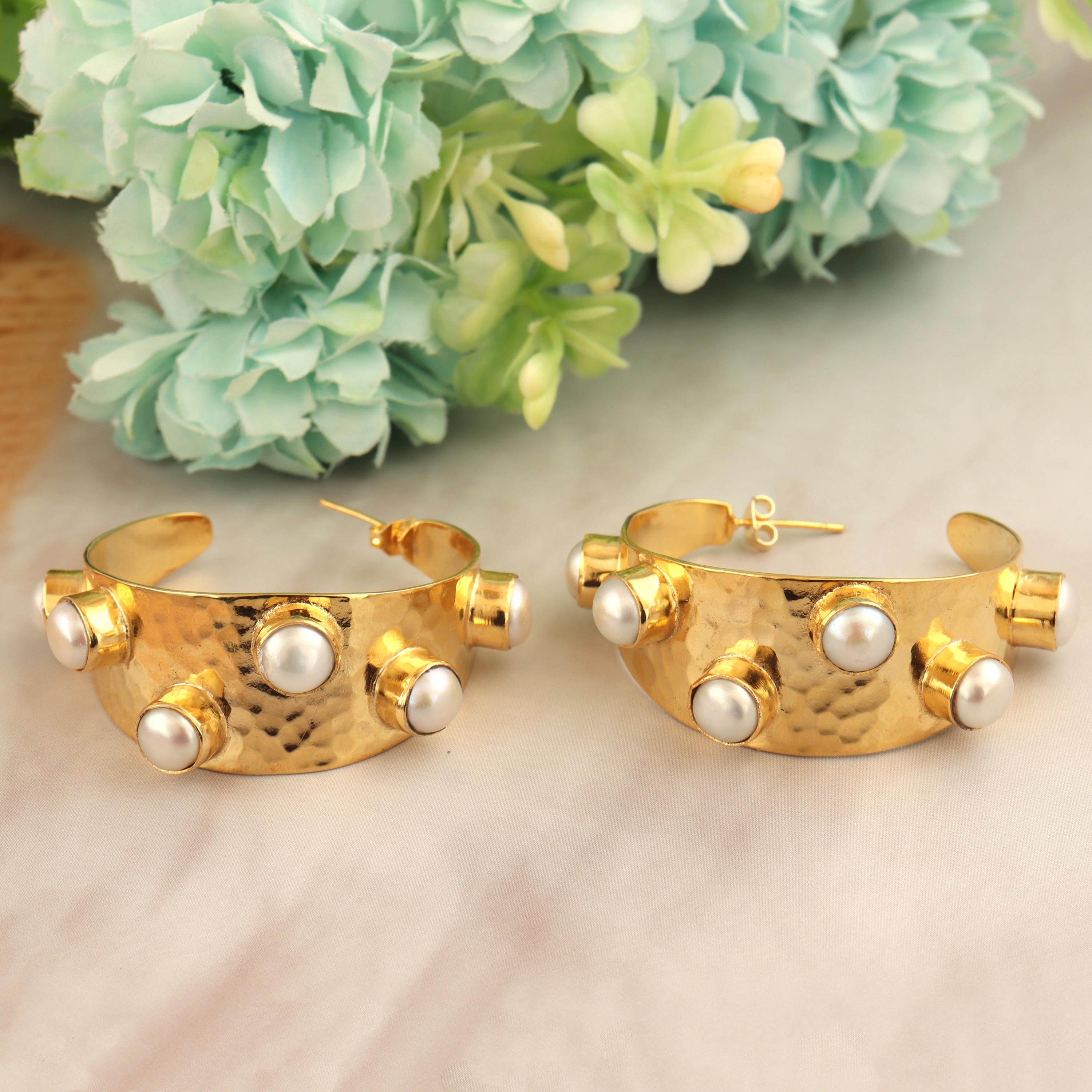 Freshwater Pearl Hoop Earrings: Hammered Gold-Plated Brass
