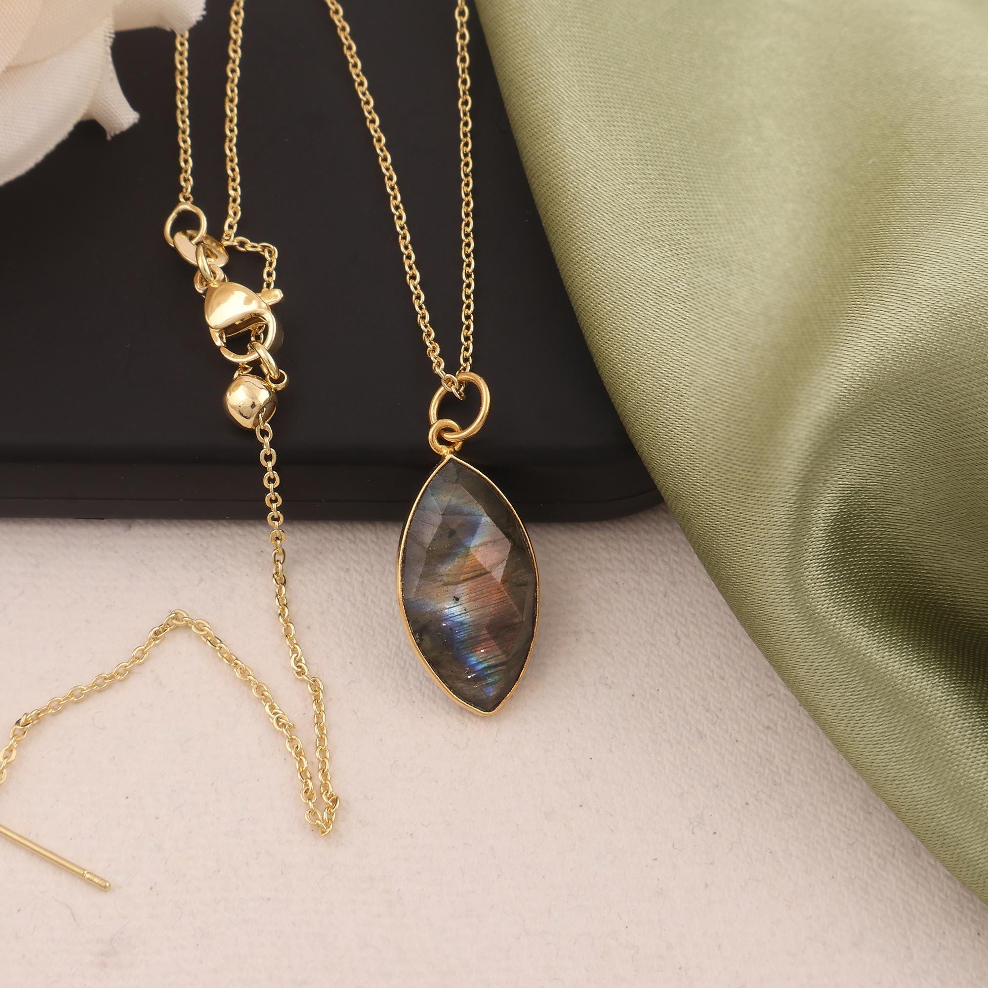 Checker Cut Labradorite Pendant Necklace - Bezel Set Gold Plated Layering Jewelry