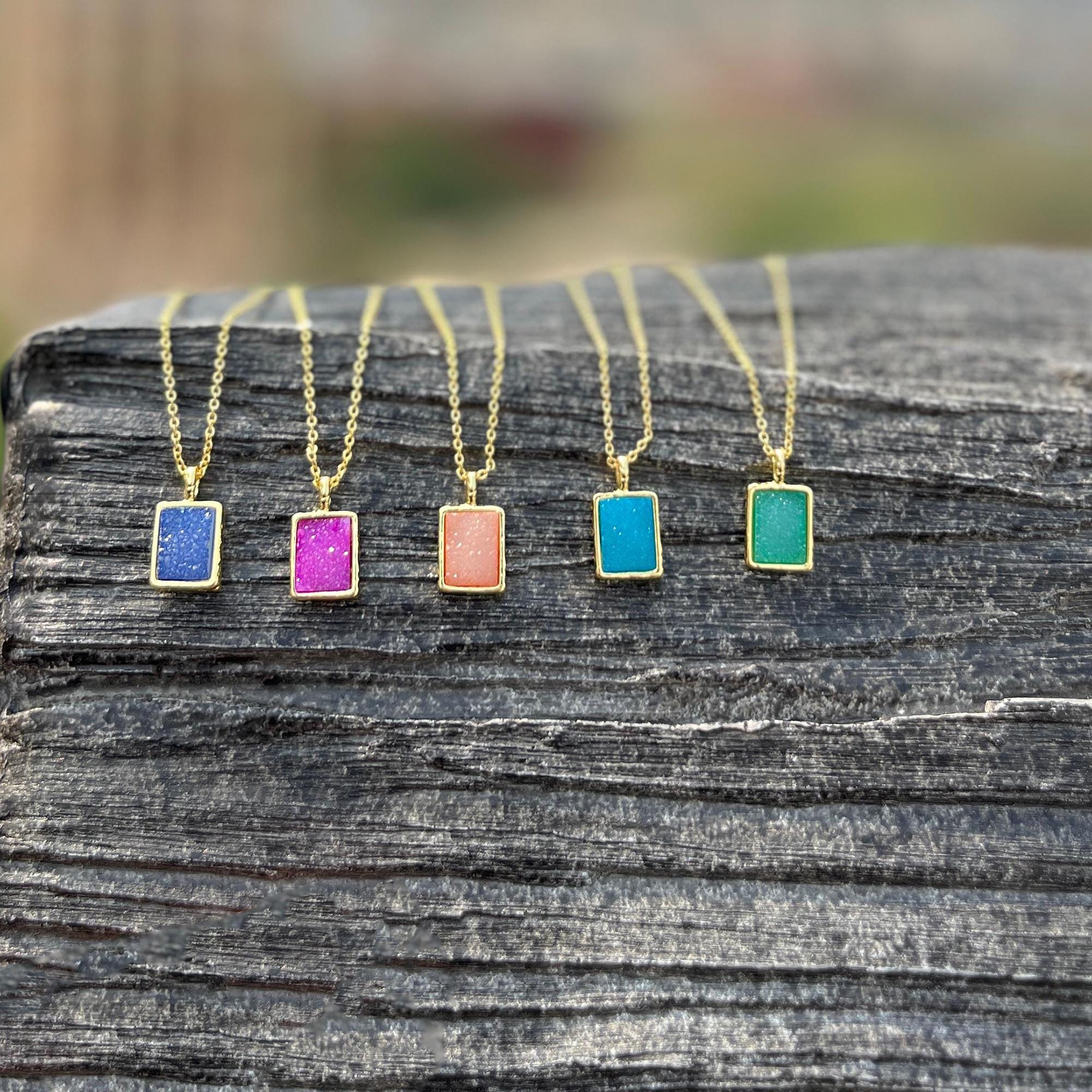 Rectangle Agate Druzy Necklace: 18k Gold-Plated Sugar Druzy Gemstone Pendant Jewelry