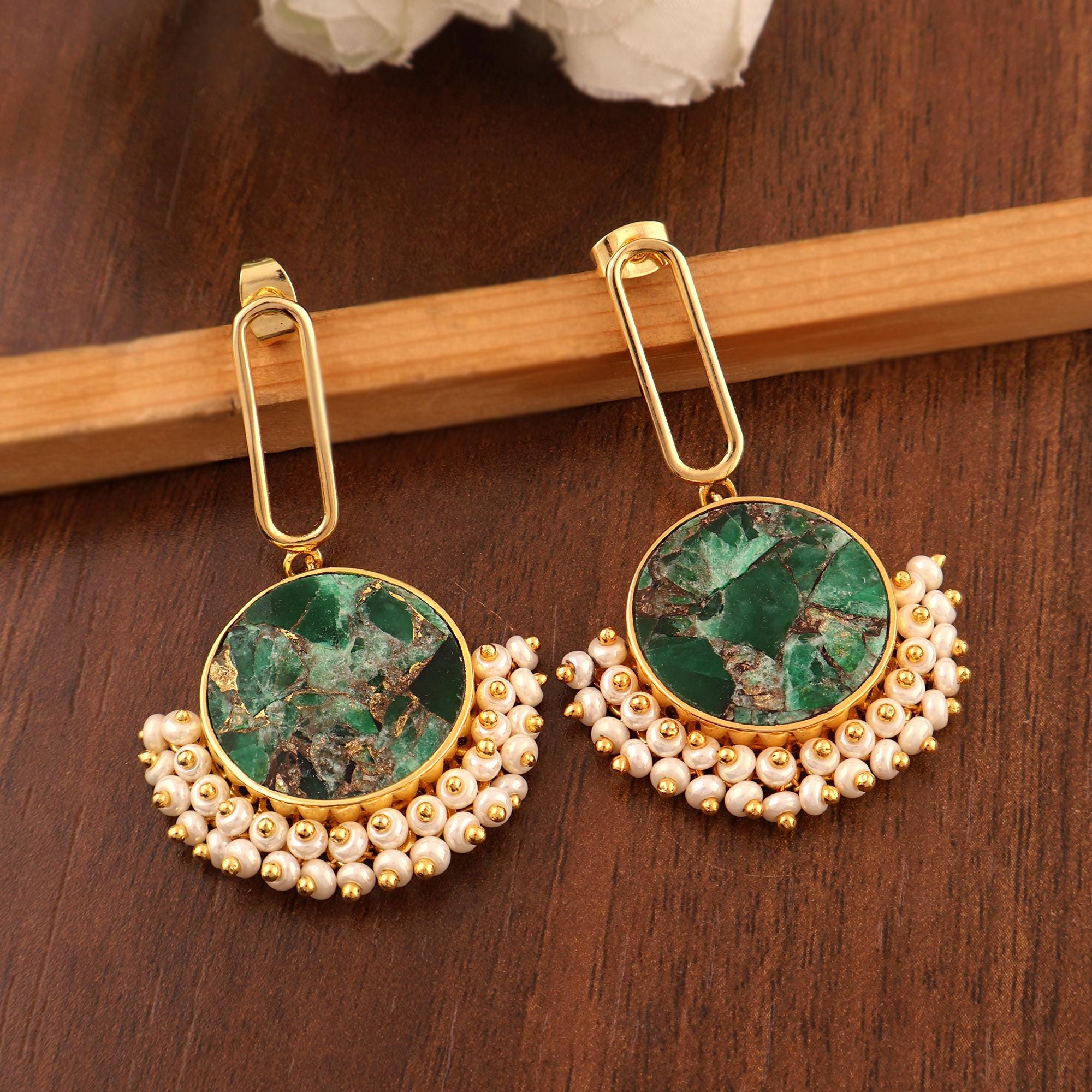 Emerald Copper Turquoise and Seed Bead Drops Earrings: Geometric Paperclip Link Dangles