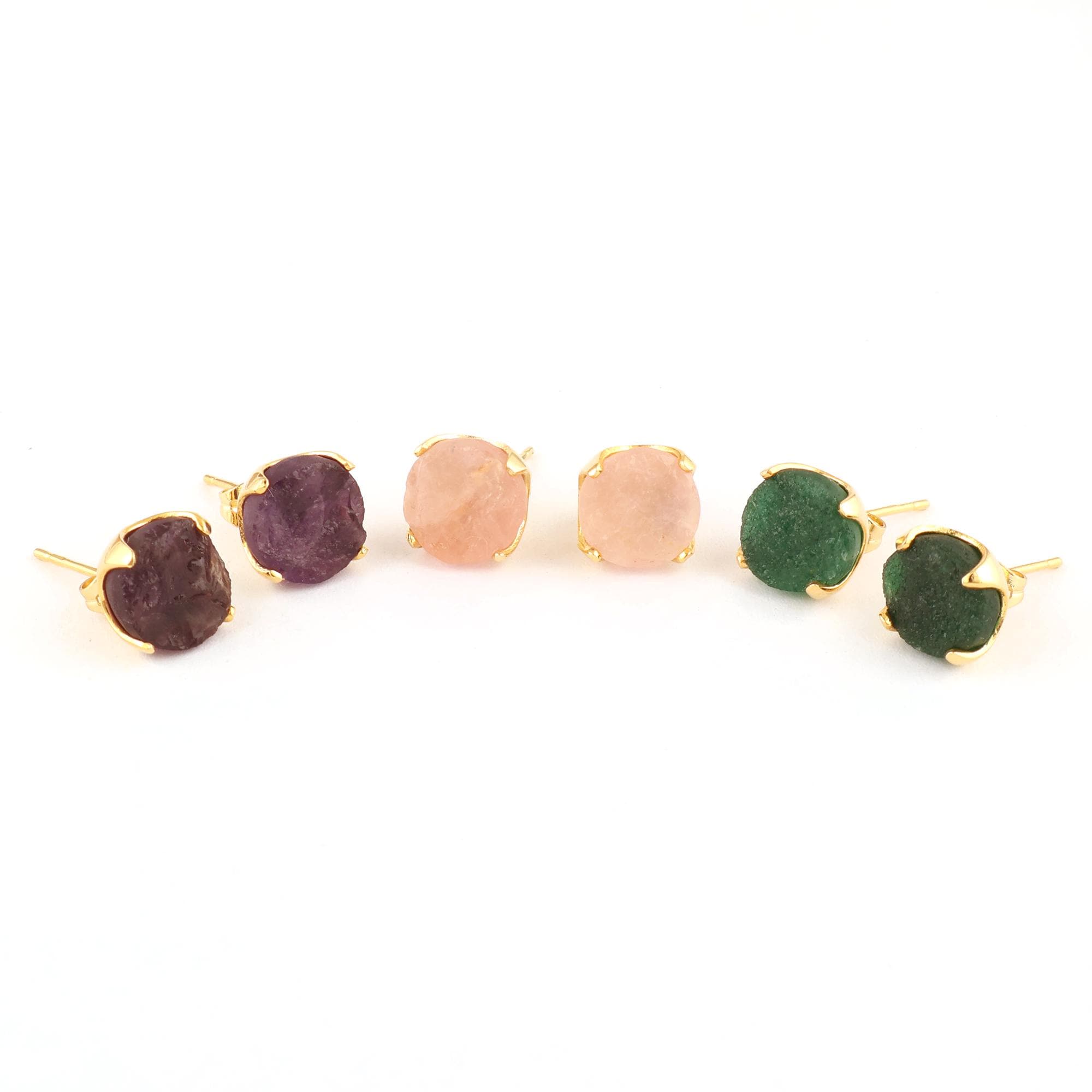 18k Gold Plated Raw Stone Stud Earrings: Dainty Minimal Round Cut