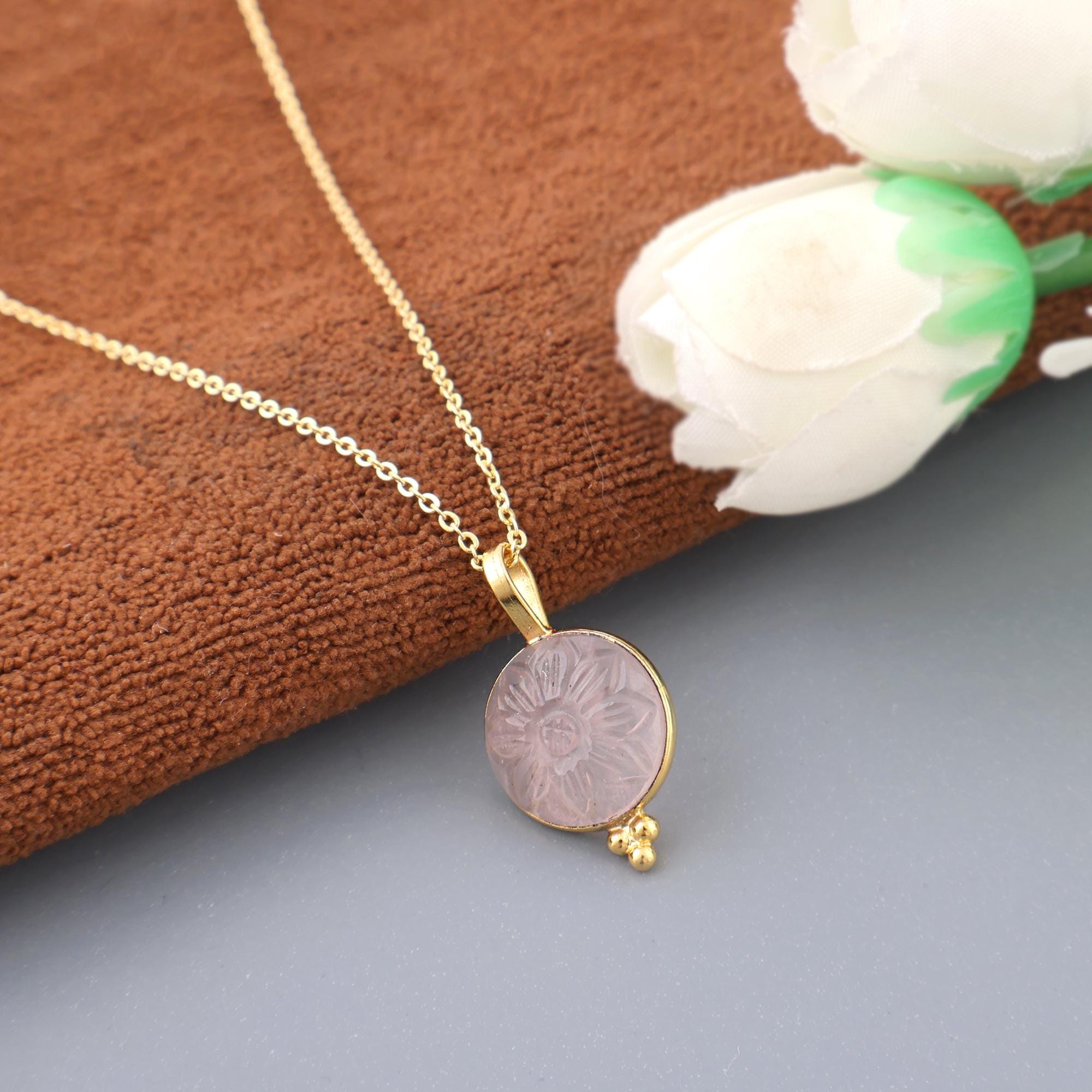 Rose Quartz, Turquoise or Black Onyx Necklace: Hand Carved Gemstone Necklace