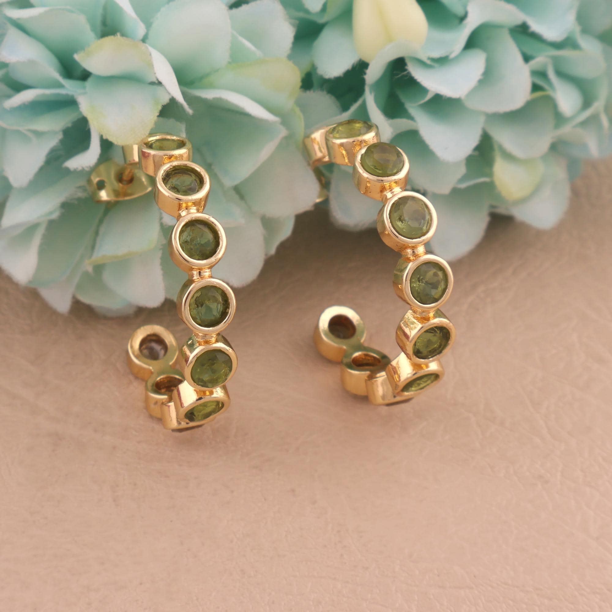 Moldavite Hoop Earrings: 18k Gold-Plated Round Gemstone Studs