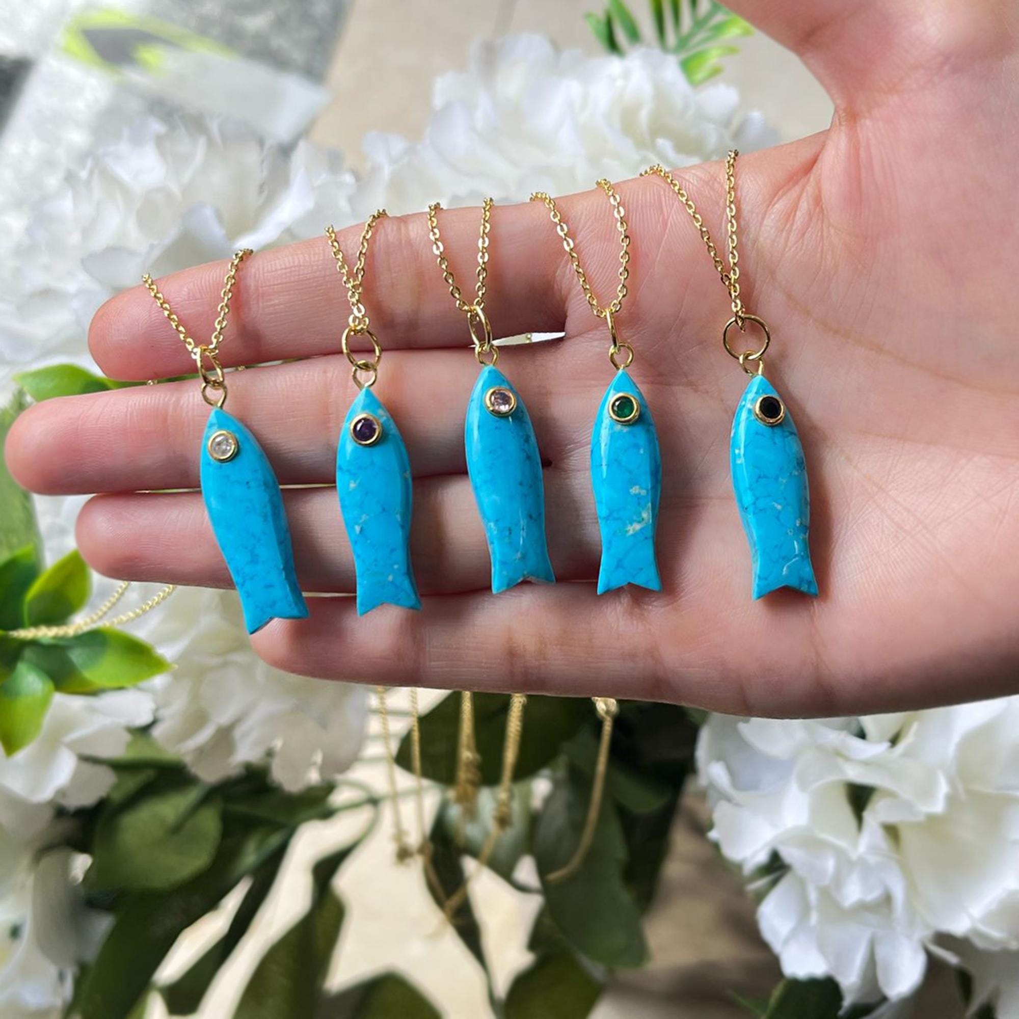 Dainty Turquoise Fish Shaped Necklace: 18k Gold Plated Animal Pendant