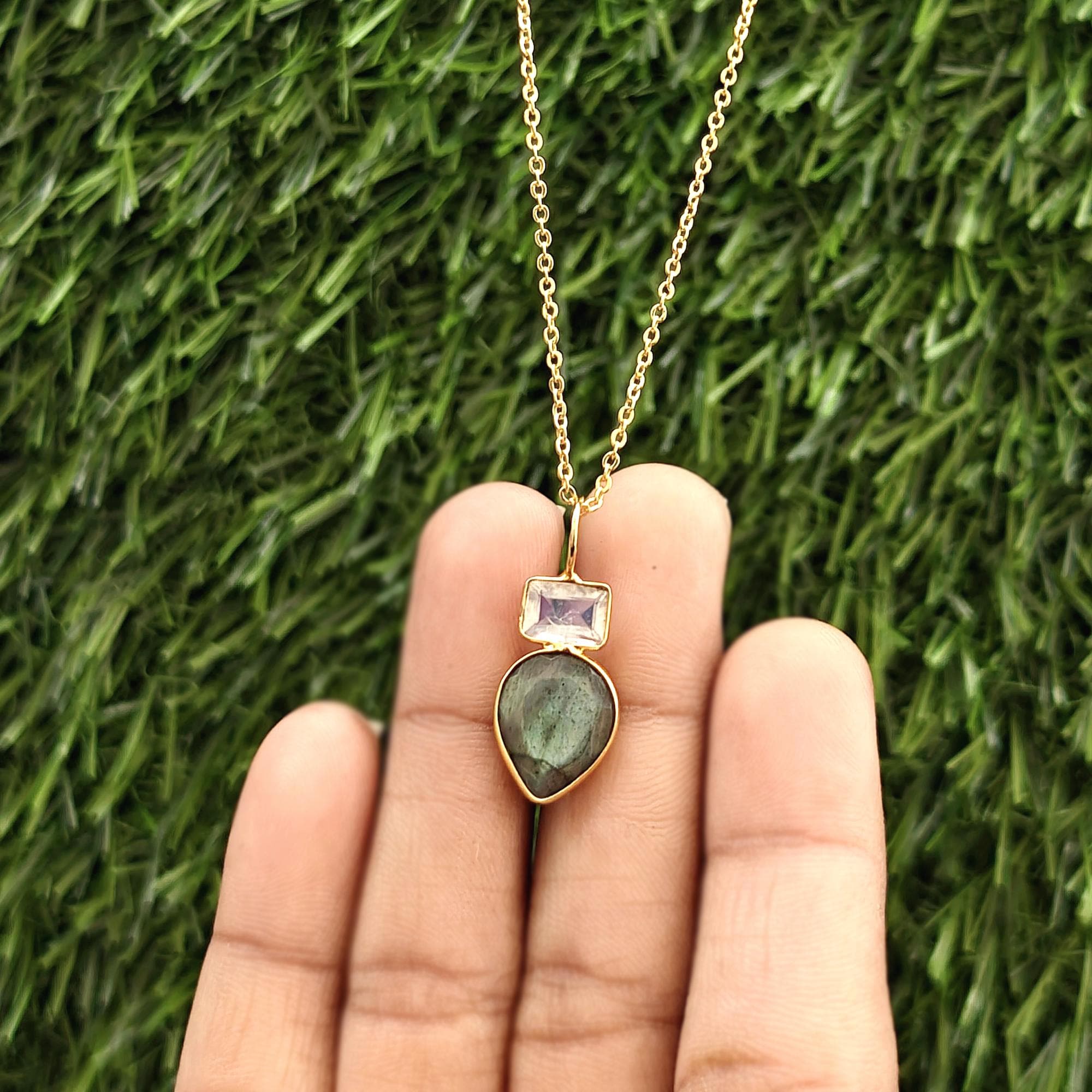 Rainbow Moonstone and Labradorite Necklace: Pear Blue Flash Gemstone Pendant