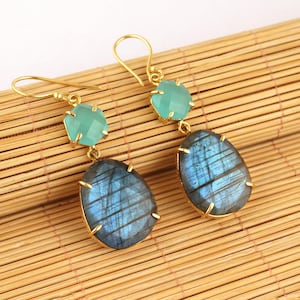 Chalcedony with Labradorite Double Stone Earrings, Gold-Plated Dangle Earrings For Women, Elegant Healing Crystal Gift, Bohemian Jewelry