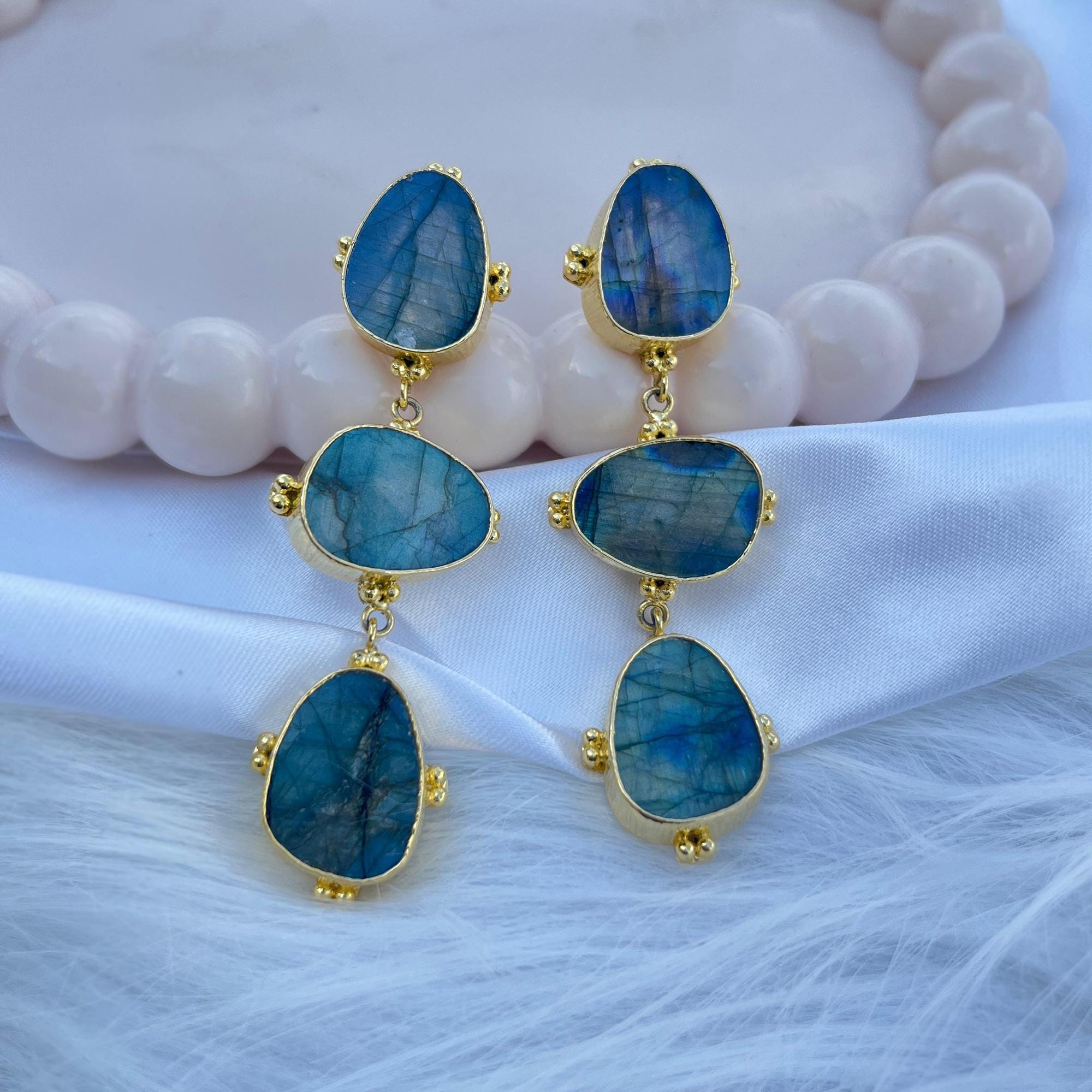 Handmade Labradorite Dangle Earrings: Gold Plated Brass Drop Jewelry