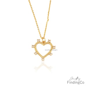 Colar com pingente de coração banhado a ouro e zircônia cúbica, joia delicada com pingente de coração aberto, colar romântico para presentear ela