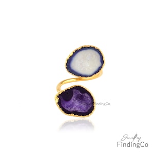 Blue White Double Geode Ring - Druzy Statement Ring - Unique Ring - 18k Gold Plated Adjustable Ring - Crystal Druzy Ring - Women&#39;s Ring