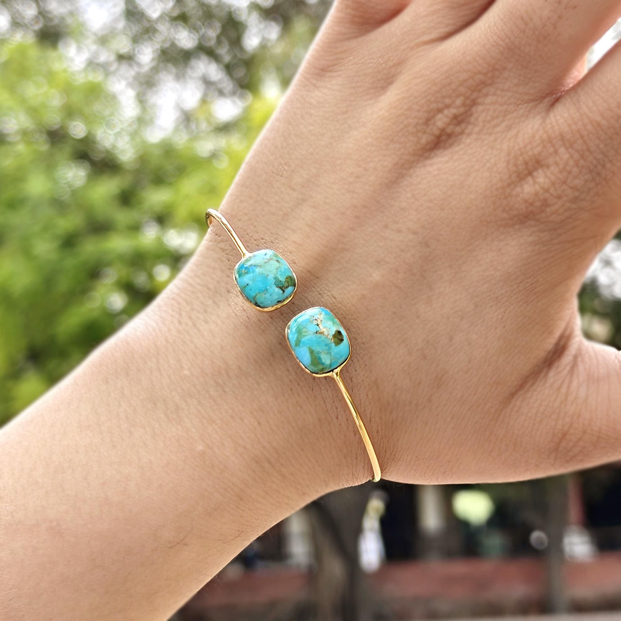 Genuine Kingman Turquoise Cuff Bracelet: Gold Plated Open Bangle