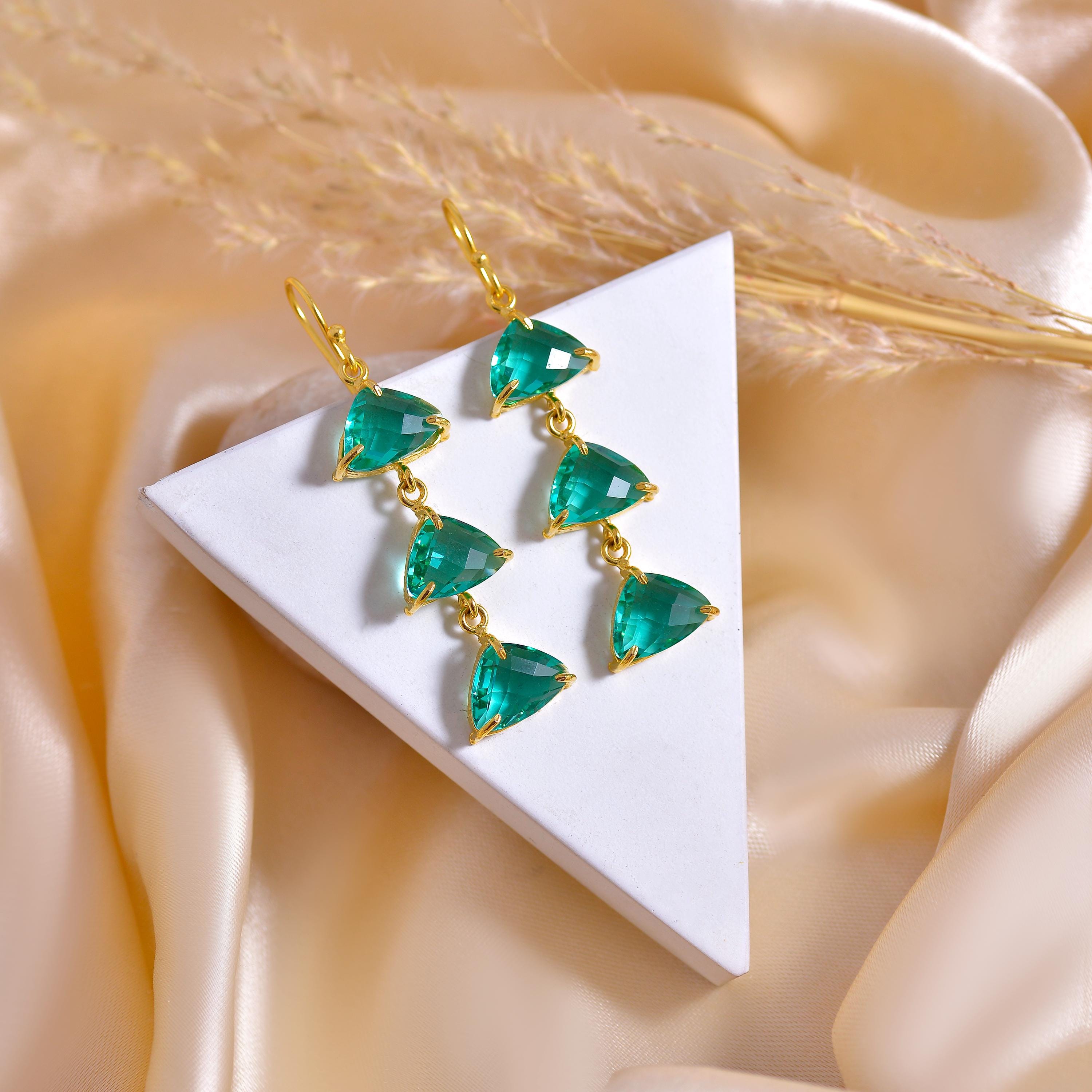 Apatite Quartz Gold Plated Earrings: Gemstone Trillion Drop Earrings