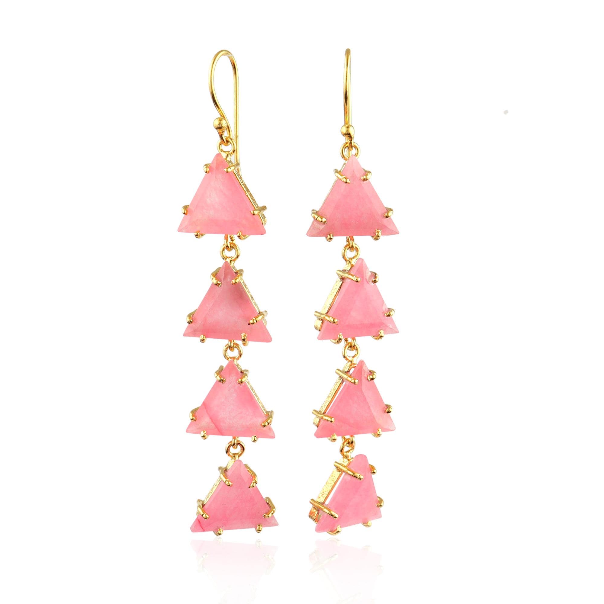 18k Gold Plated Pink Jade Earrings: Prong Setting Trillion Stone Dangle Hook Statement Jewelry