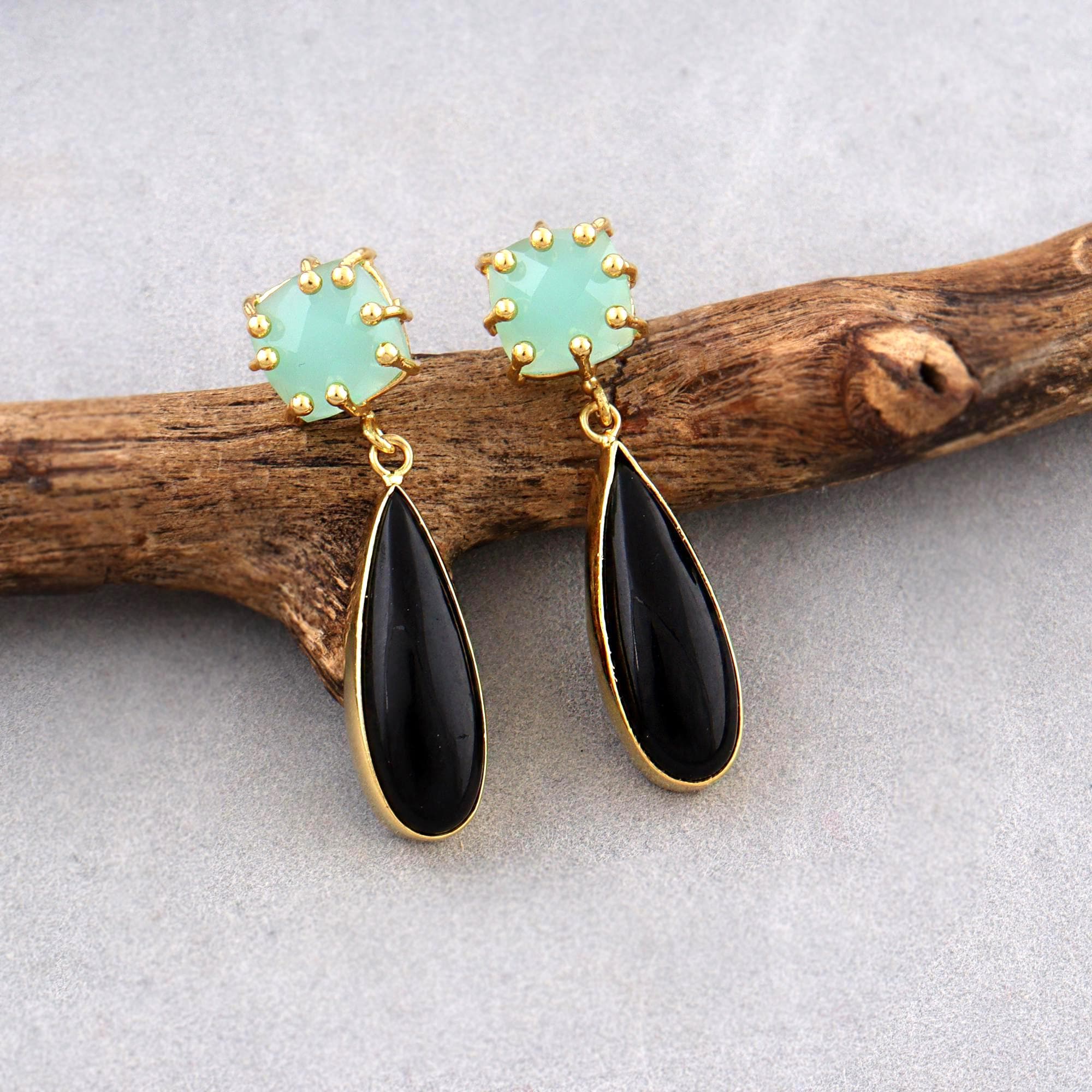 Natural Black Onyx And Aqua Chalcedony Gemstone Earrings: Gold Plated Dangle Drop Earring