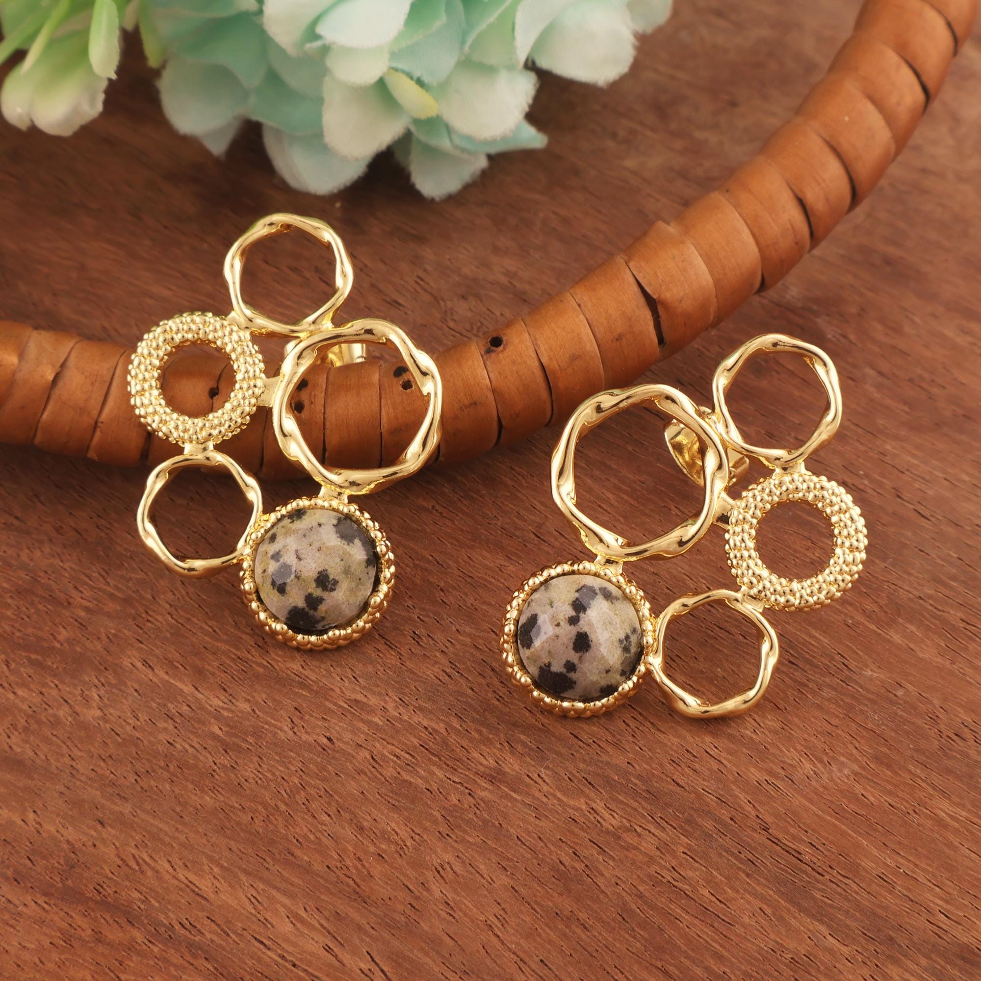 Dalmatian Jasper Artistic Stud Earrings: Gold Plated Gemstone Studs