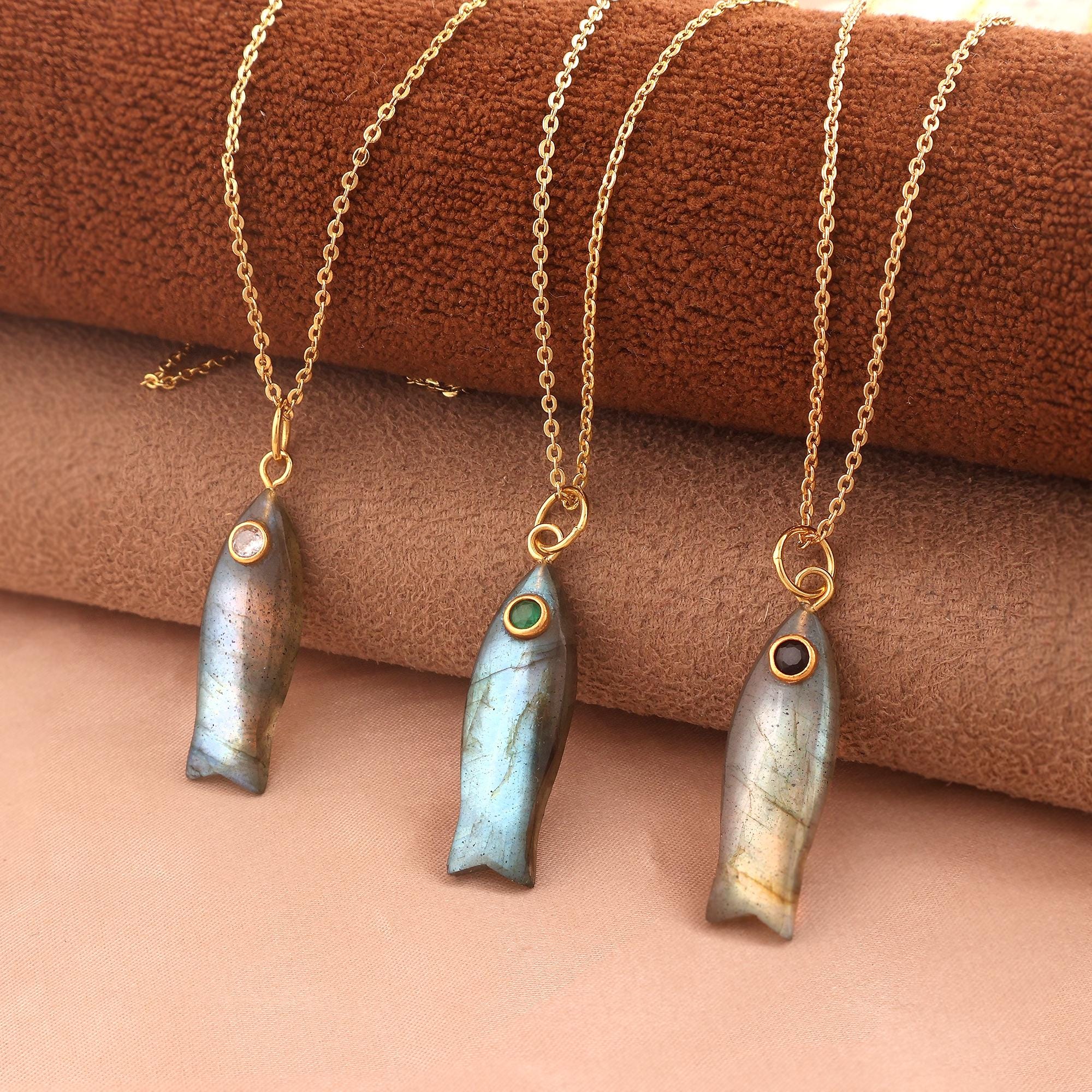 Labradorite Fish Pendant Necklace: 18k Gold Plated Chain