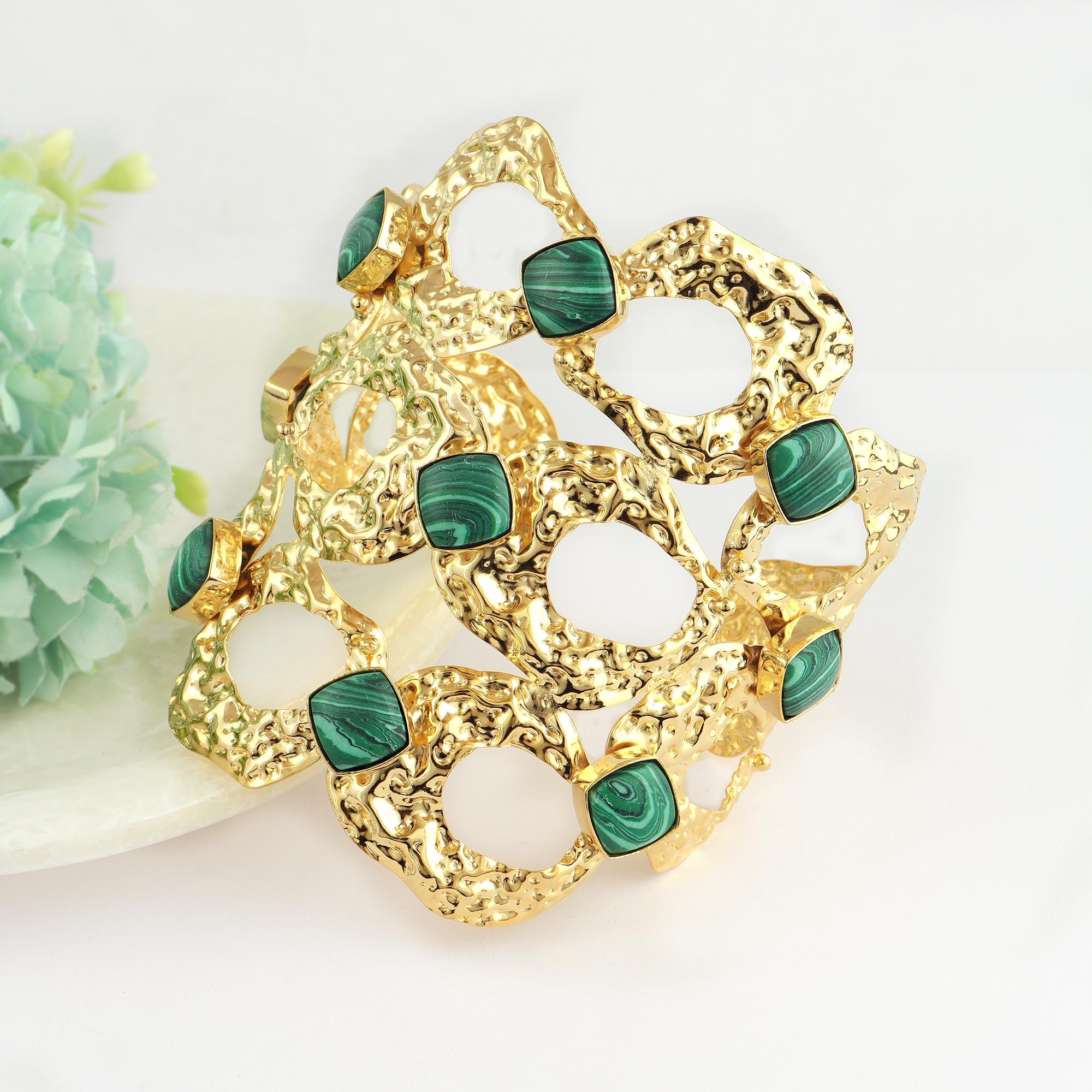 Malachite Cushion Cuff Bracelet: Gold Plated Brass, Wide Open Design