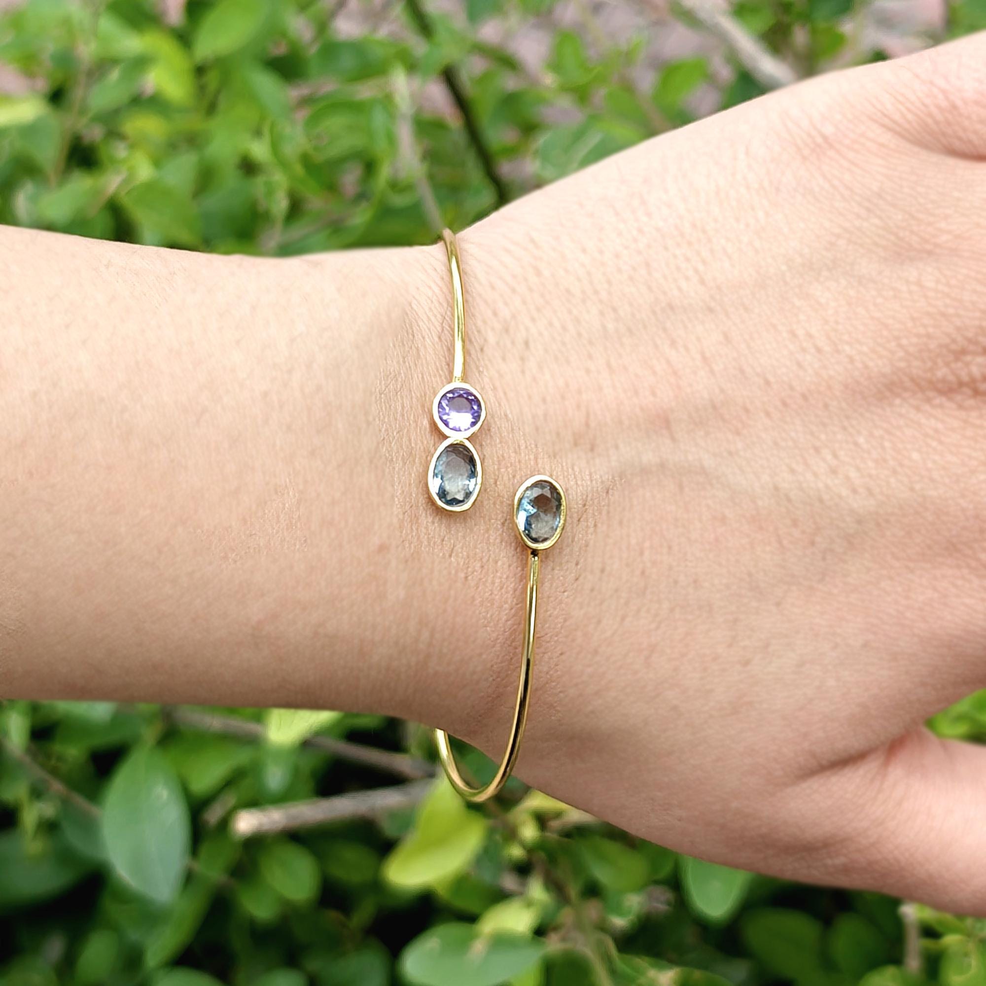 Gold Cuff Bracelet with Dual Quartz Stone: Minimalist Open Bangle