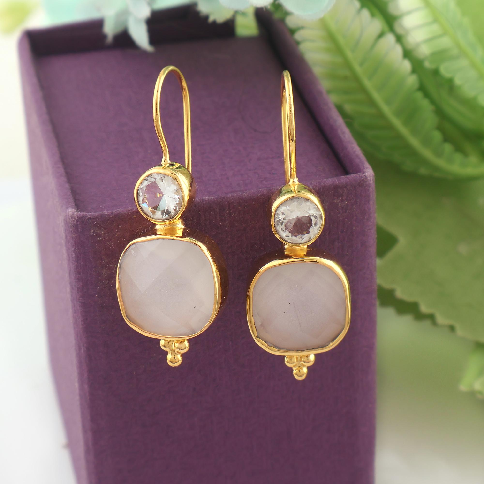 White Chalcedony Drop Earrings: Gold Plated Boho Crystal Jewelry