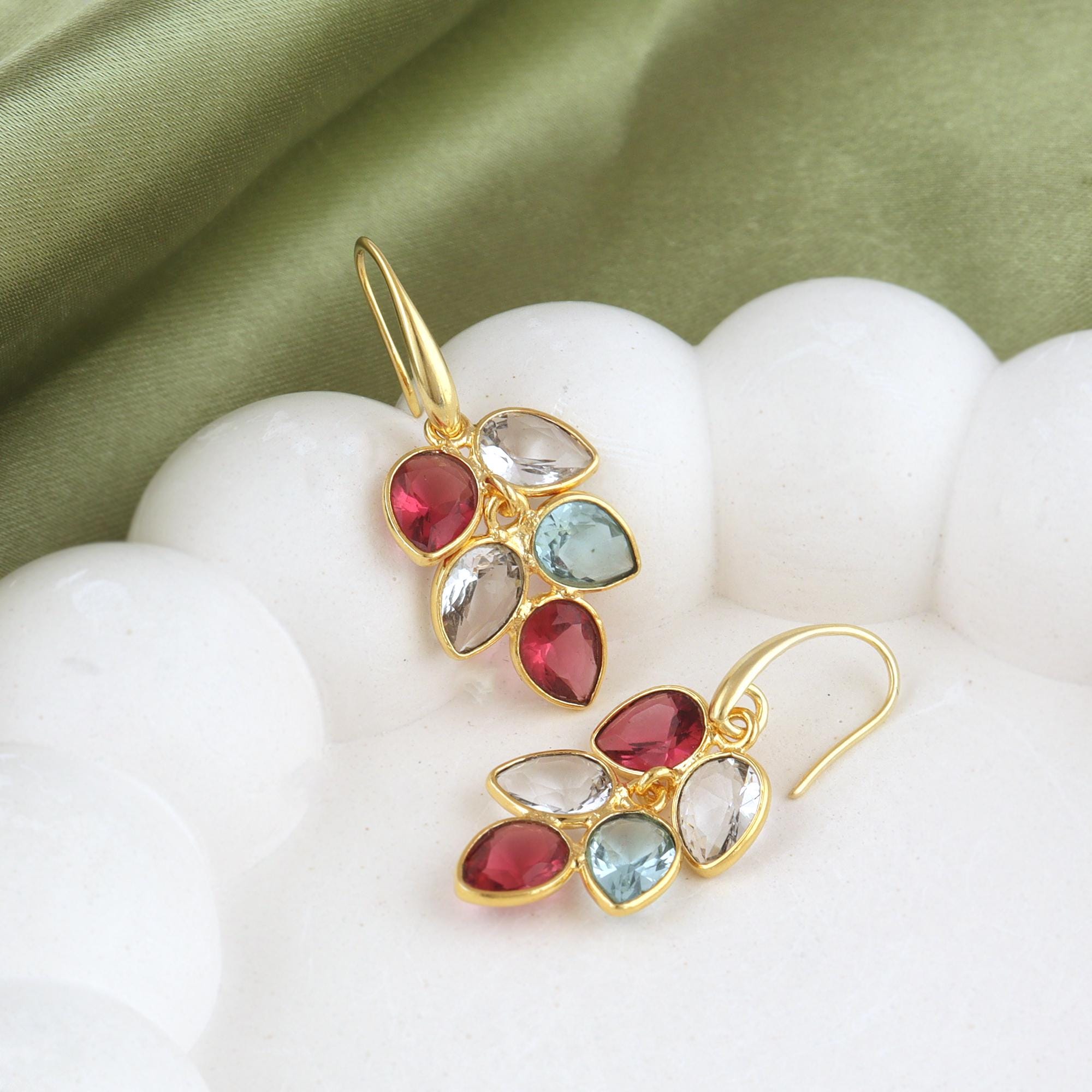 Bezel Gold Plated Gemstone Leaf Earrings: Pink Fuchsia