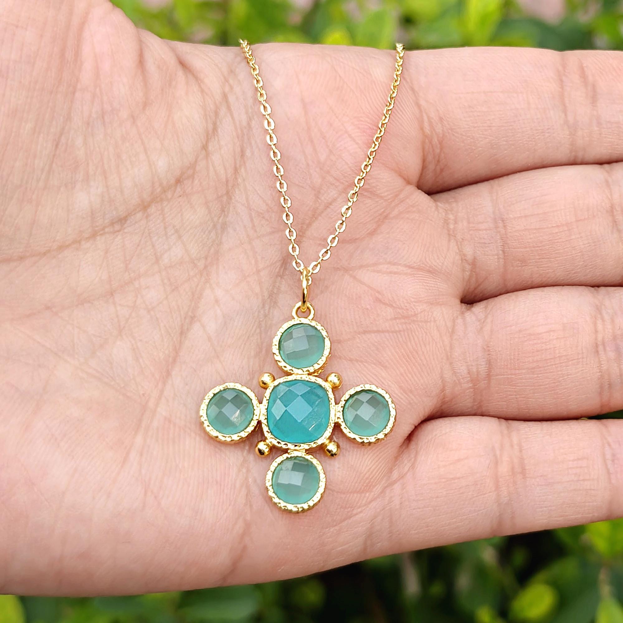 Cross Shape Multi Gemstone Brass Pendant: 18k Gold Plated Cross Charm Necklace