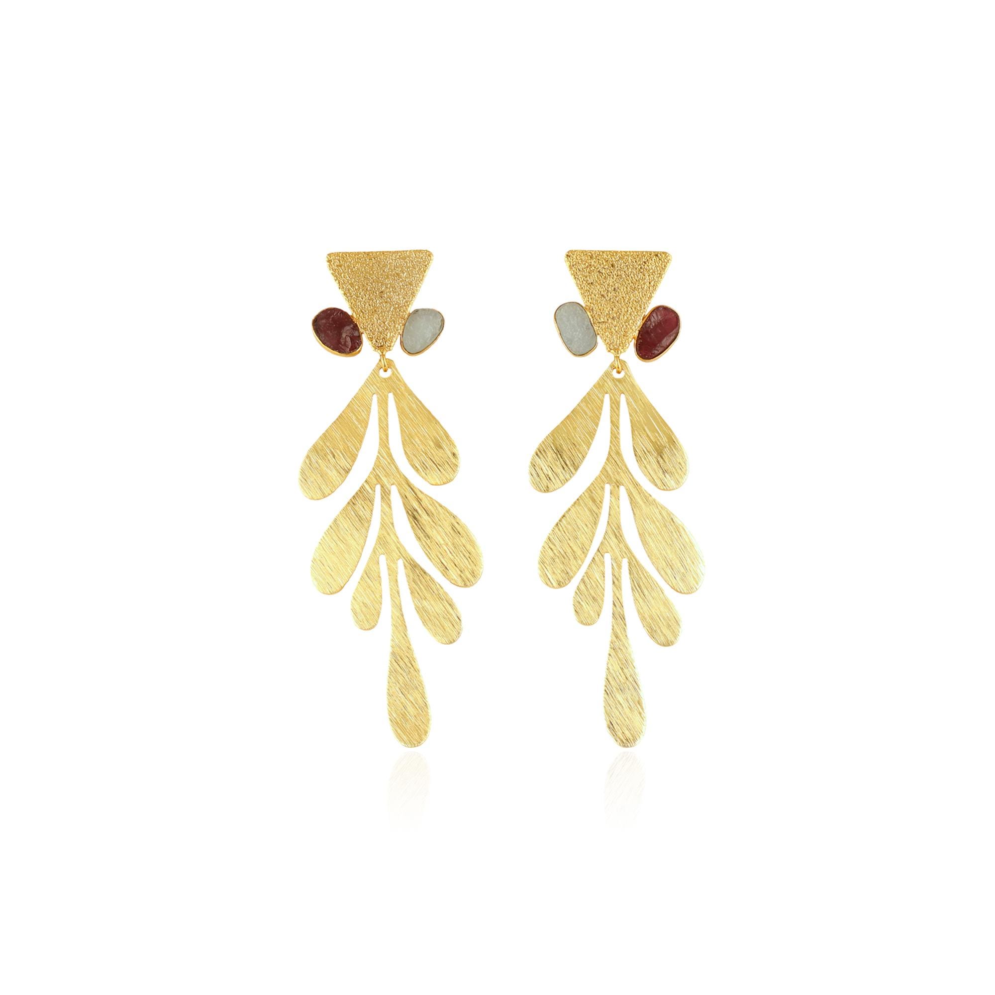 18k Gold Plated Statement Gemstone Earrings: Handmade Textured Leaf Design Stud Jewelry
