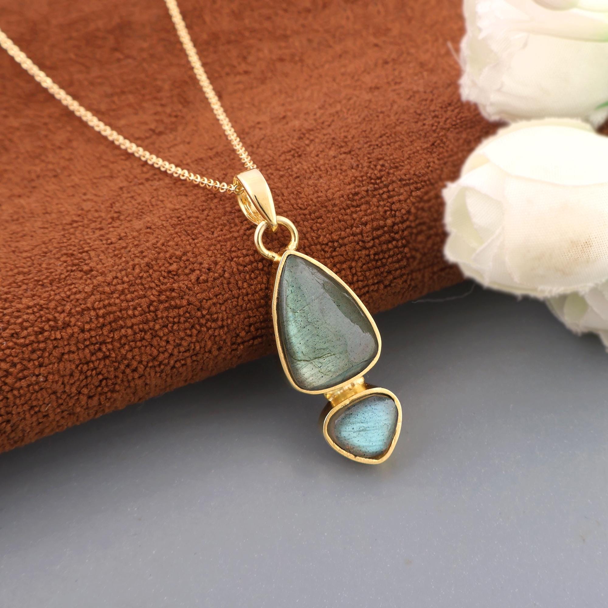 Labradorite Pendant Necklace in Gold Bezel: Double Stone Necklace