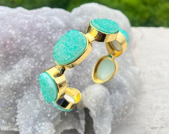 Lite Green Sugar Druzy Cuff Bracelet - 18k Gold Plated Brass Bangle, Vintage Style
