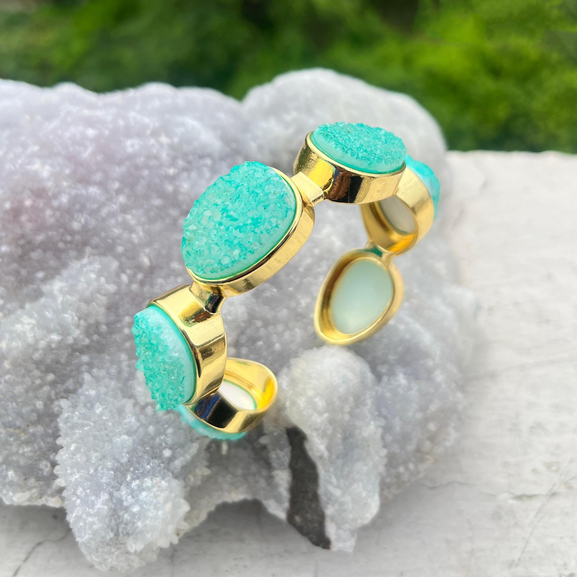 Lite Green Sugar Druzy Cuff Bracelet - 18k Gold Plated Brass Bangle