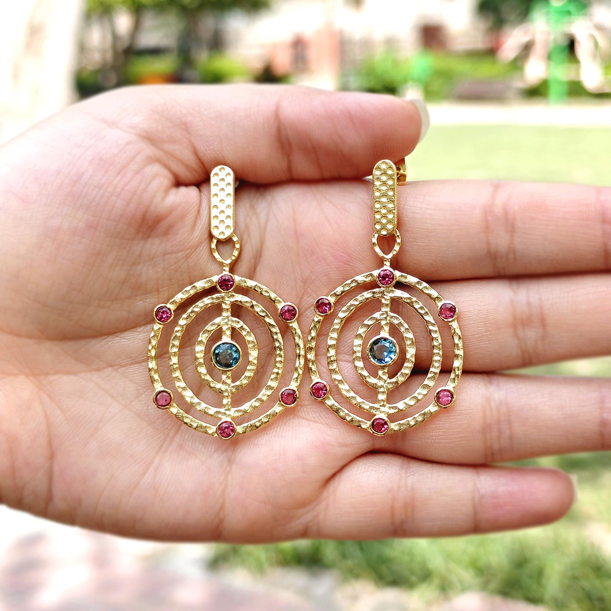 Bold Gold Statement Drop Earrings with Ruby & Blue Quartz Gemstones: Handmade Luxury Design Jewelry
