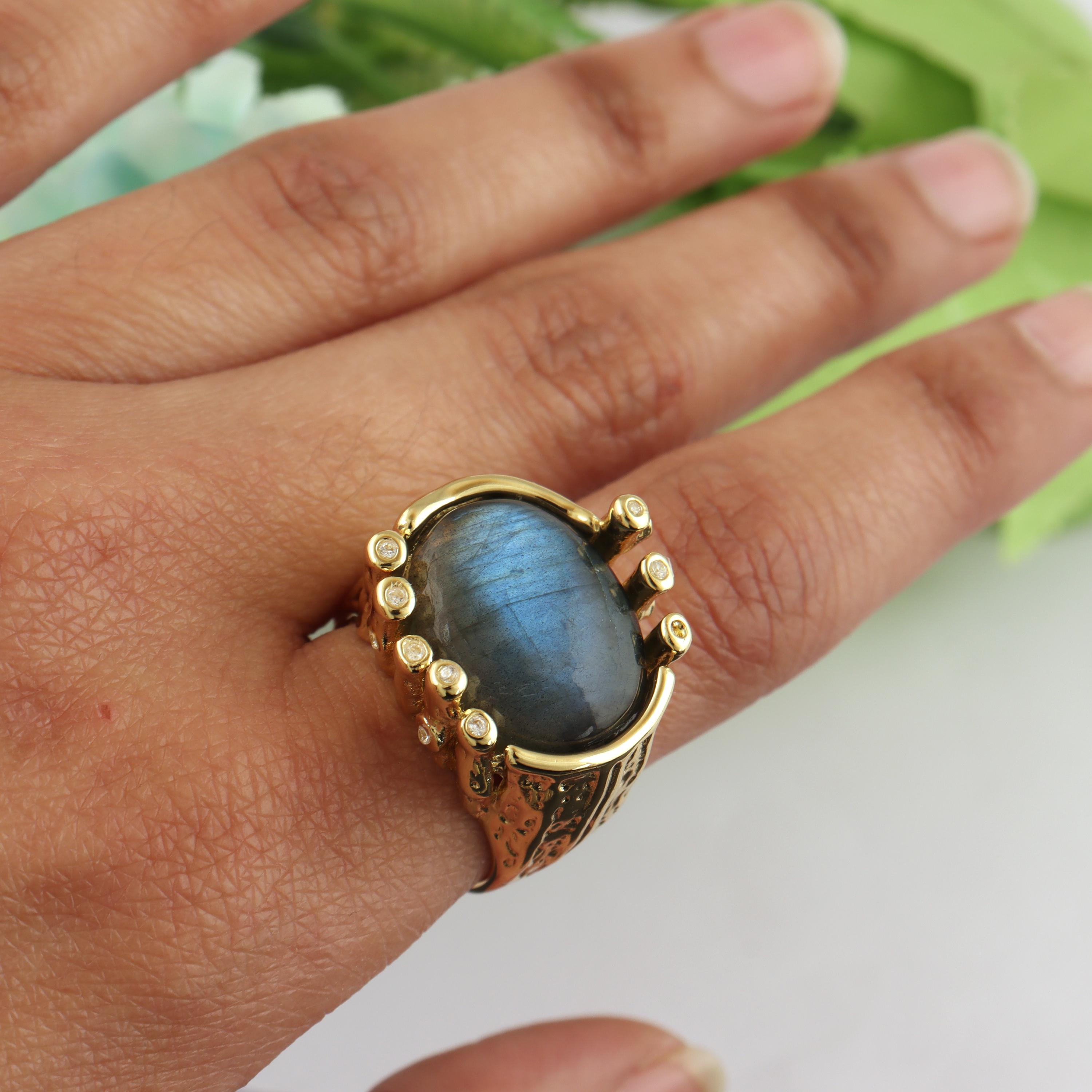 Blue Labradorite Ring: Textured Gold Plated Brass, Adjustable CZ Ring