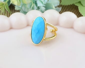 Oval Shape Turquoise Gold Plated Ring: Checker Cut Gemstone Double Band Adjustable Rings