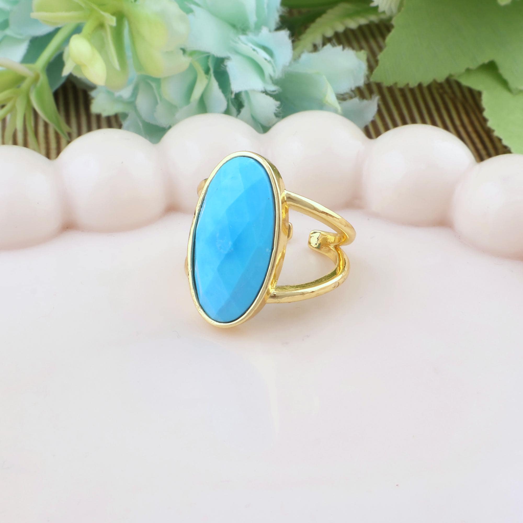 Oval Shape Turquoise Gold Plated Ring: Checker Cut Gemstone Double Band Adjustable Rings