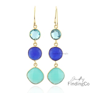 Multi-Stone Bezel Earrings, 18k Gold Plated Crystal Dangle, Drop Hook Earrings for Women, Handmade Jewelry Gift for Her