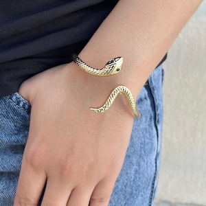 Vintage Gold Plated Snake Bracelet: Open Serpent Cuff Bangle