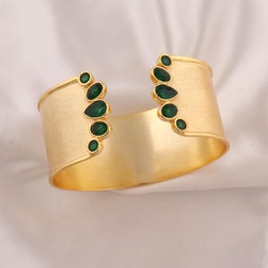 Teardrop Emerald Cuff Bracelet: Gold Plated Gemstone Bangle Bohemian Jewelry