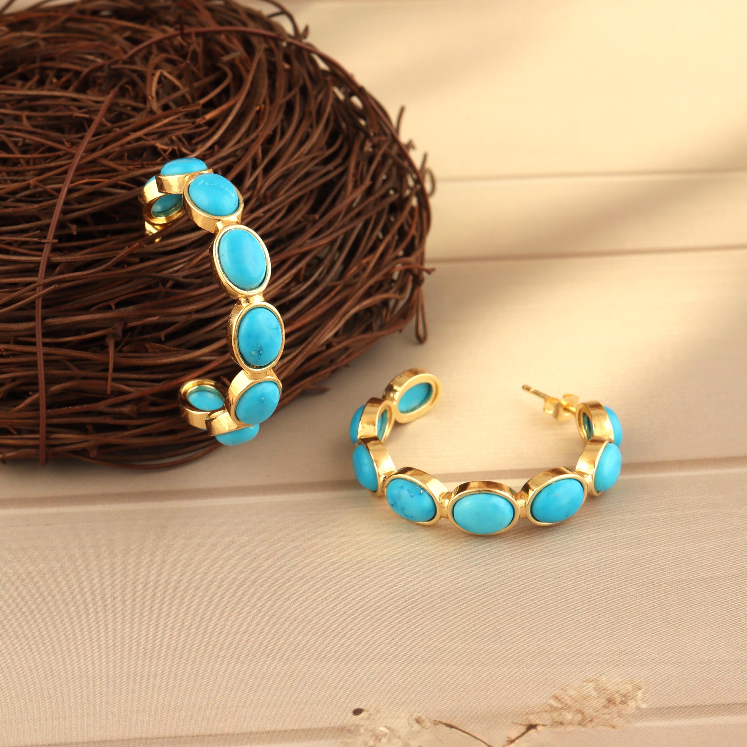 18k Gold Plated Turquoise Hoop Earrings - Handmade Oval Studs Checker Gemstone