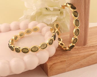 Gold-Plated Moldavite Hoop Earrings: Oval Raw Crystal Gemstone Hoops