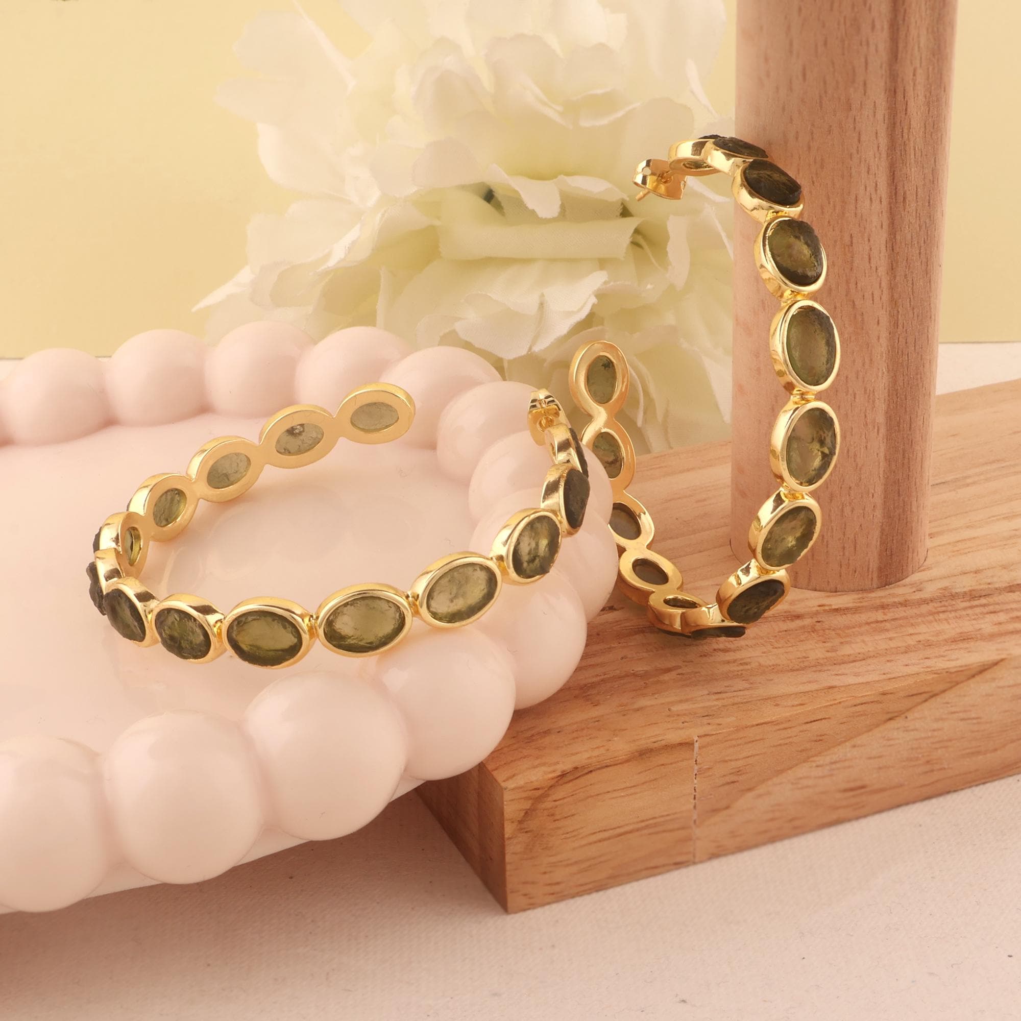 Gold-Plated Moldavite Hoop Earrings: Oval Raw Crystal Gemstone Hoops