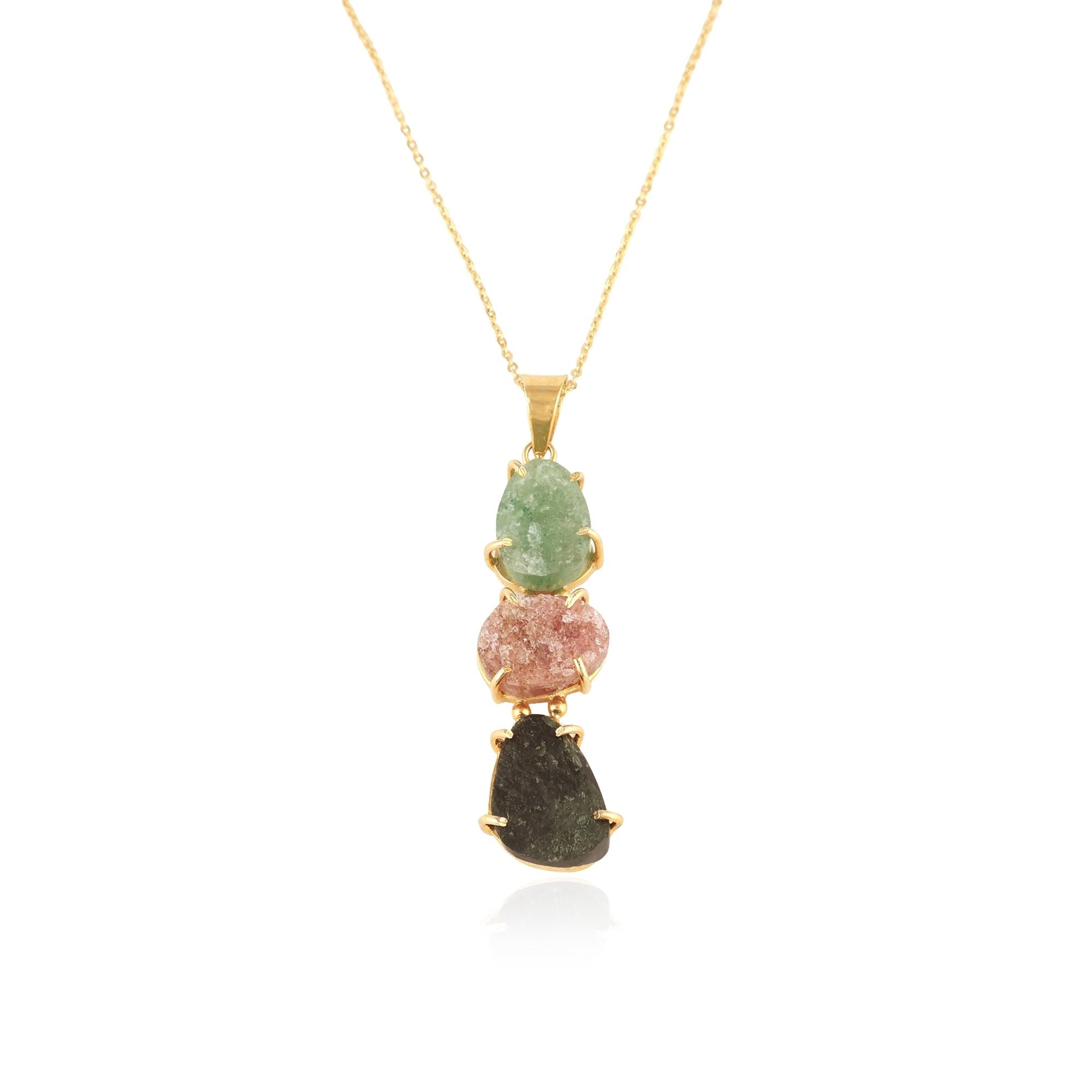 Triple Stone Rough Gemstone Pendant: 18k Gold Plated Dainty Necklace