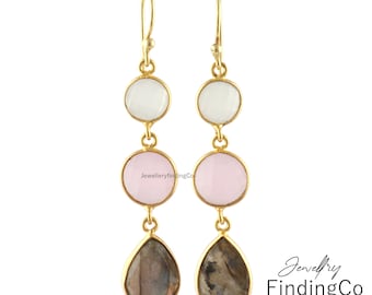 Gold Plated Labradorite Dangle Earrings: Pink & White Chalcedony, Handmade Boho Jewelry