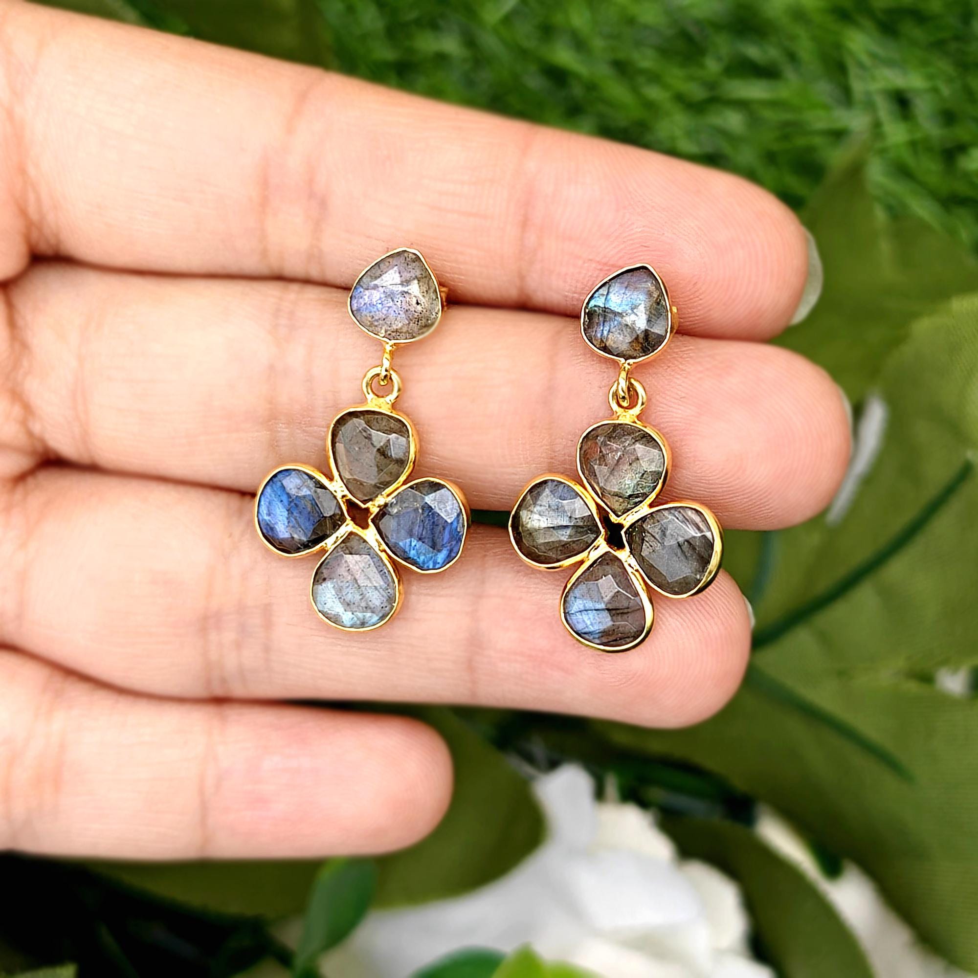 Labradorite Flower Drop Earrings: Four Petal Clover Dangles